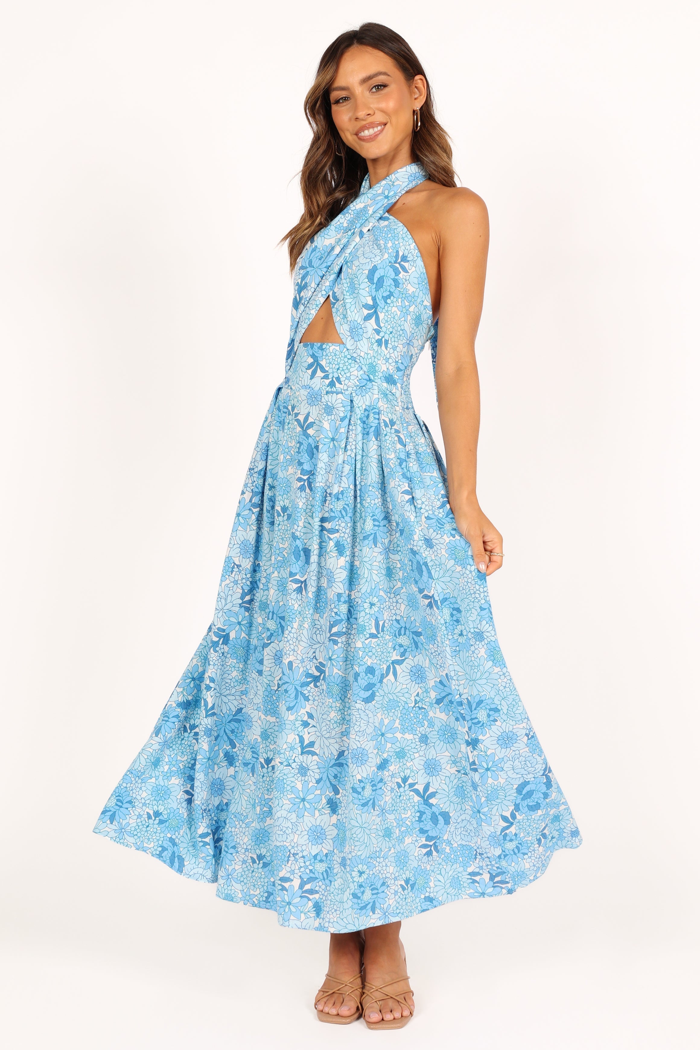 Blue Floral Halterneck Maxi Dress with Pockets - Cotton Linen Blend
