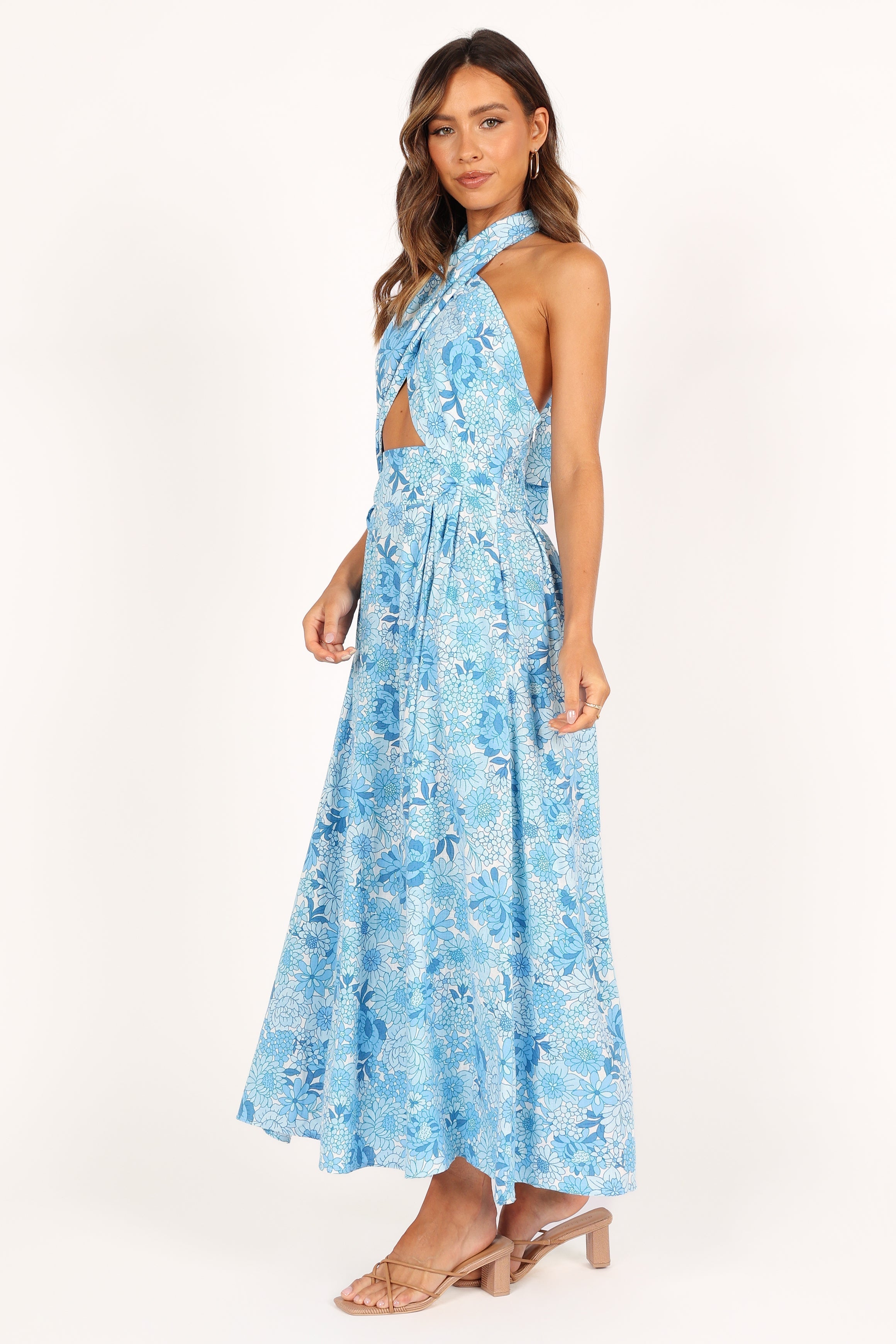 Blue Floral Halterneck Maxi Dress with Pockets - Cotton Linen Blend