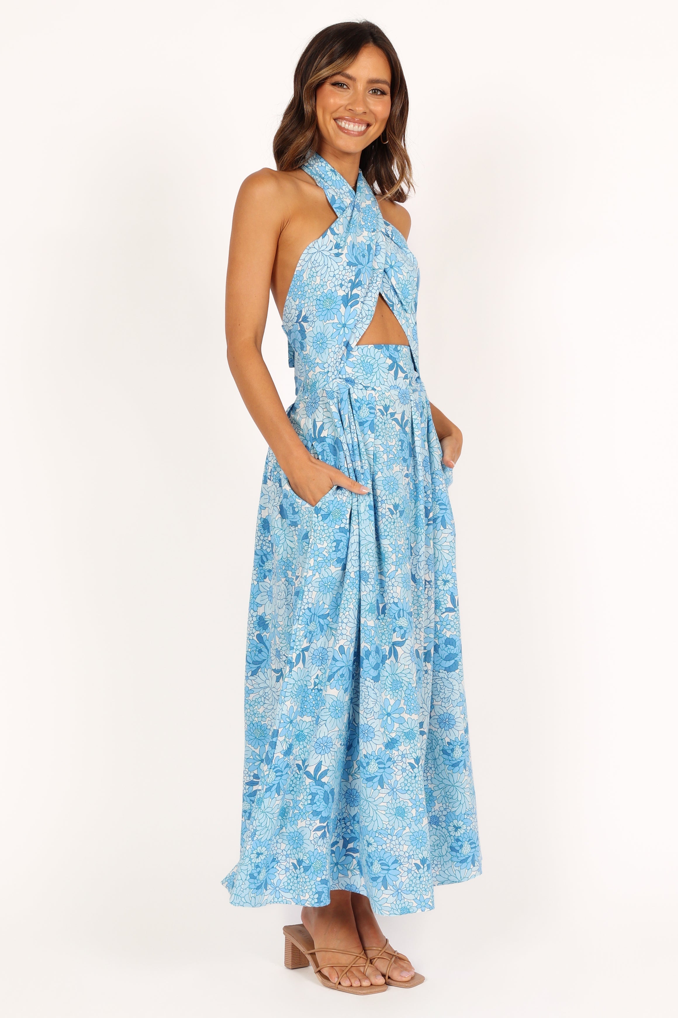 Blue Floral Halterneck Maxi Dress with Pockets - Cotton Linen Blend