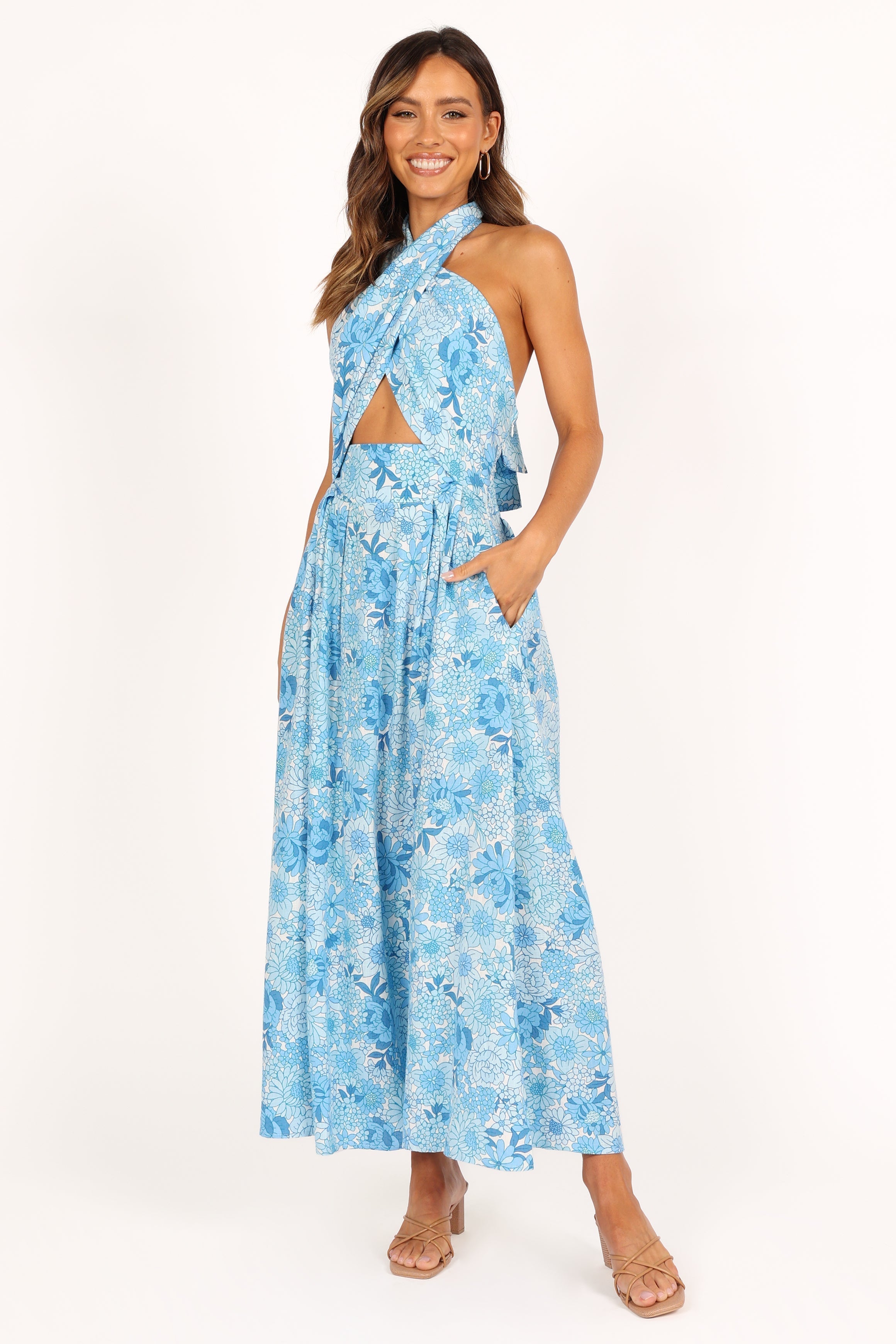 Blue Floral Halterneck Maxi Dress with Pockets - Cotton Linen Blend