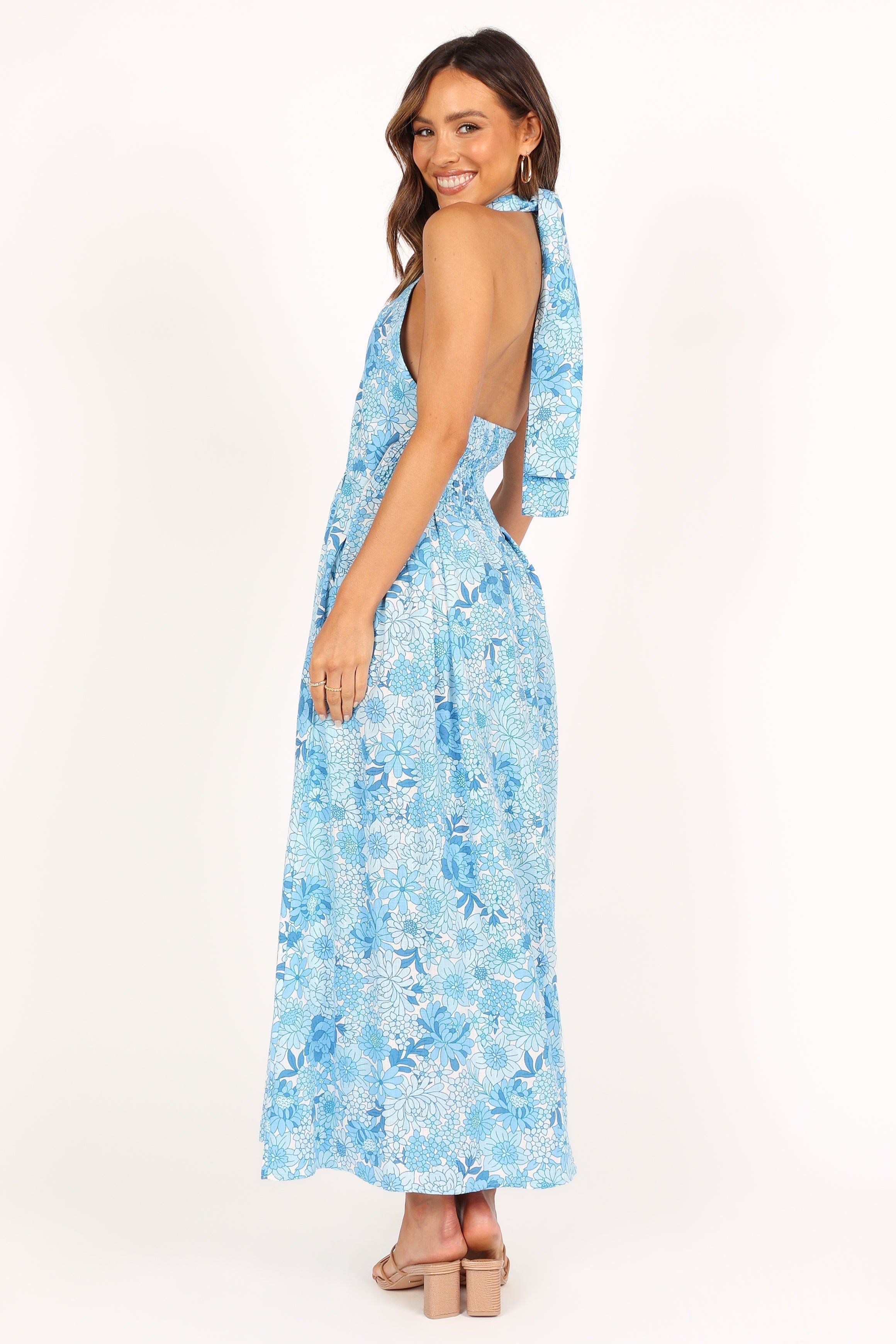 Blue Floral Halterneck Maxi Dress with Pockets - Cotton Linen Blend