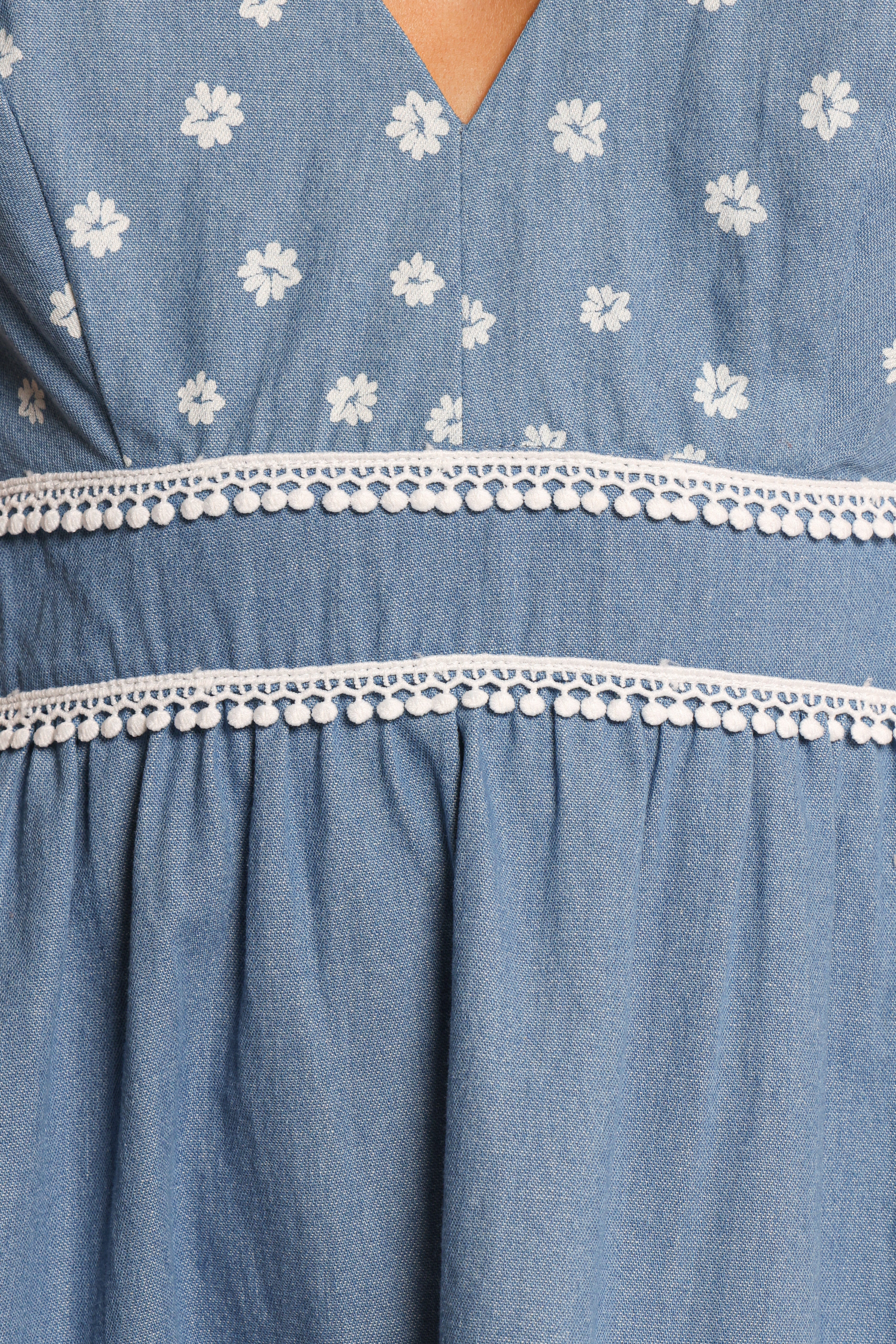 Floral Lace Trim Denim Mini Dress - Estrella