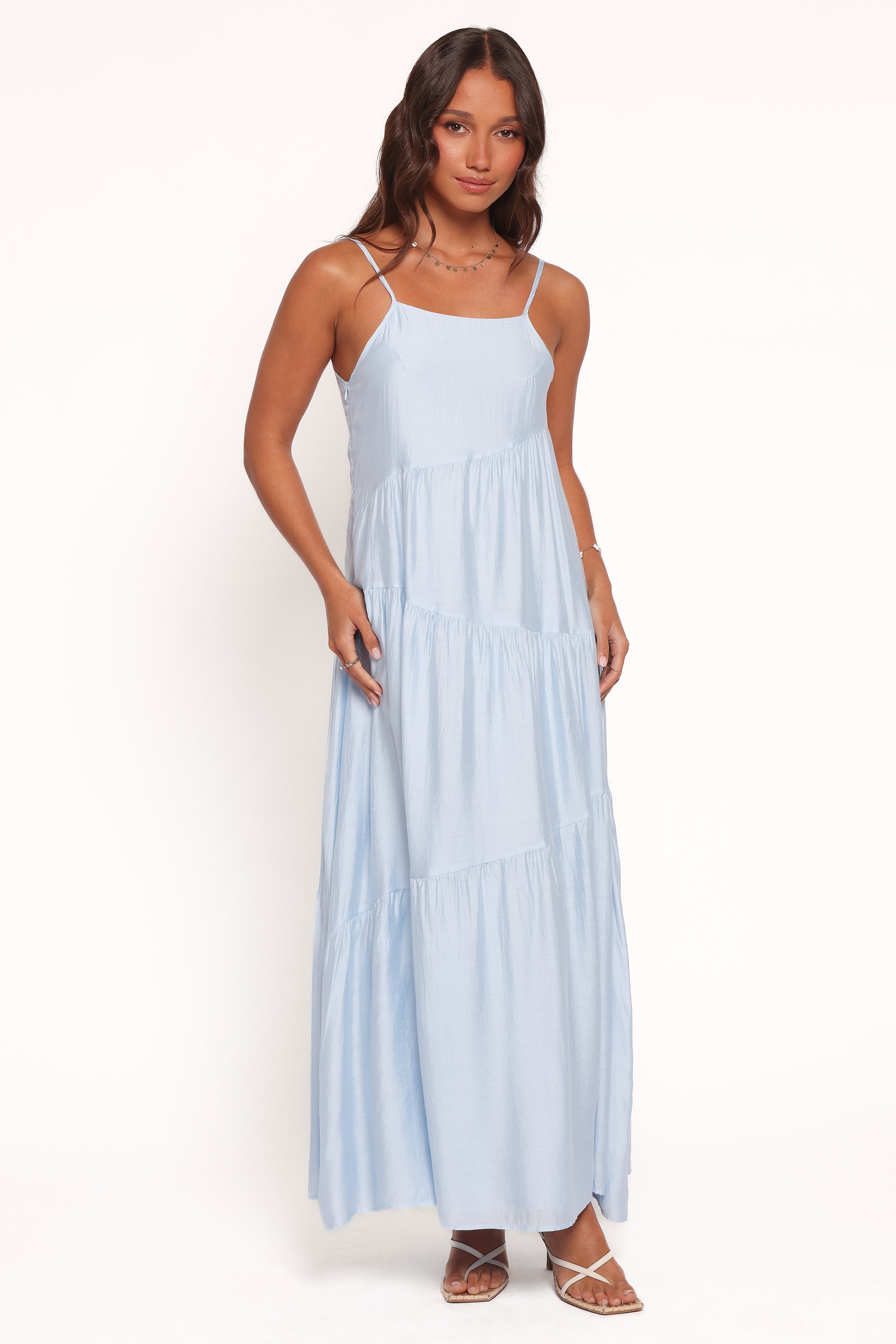 Bennie Pale Blue Midi Dress with Adjustable Straps & Tiered Skirt