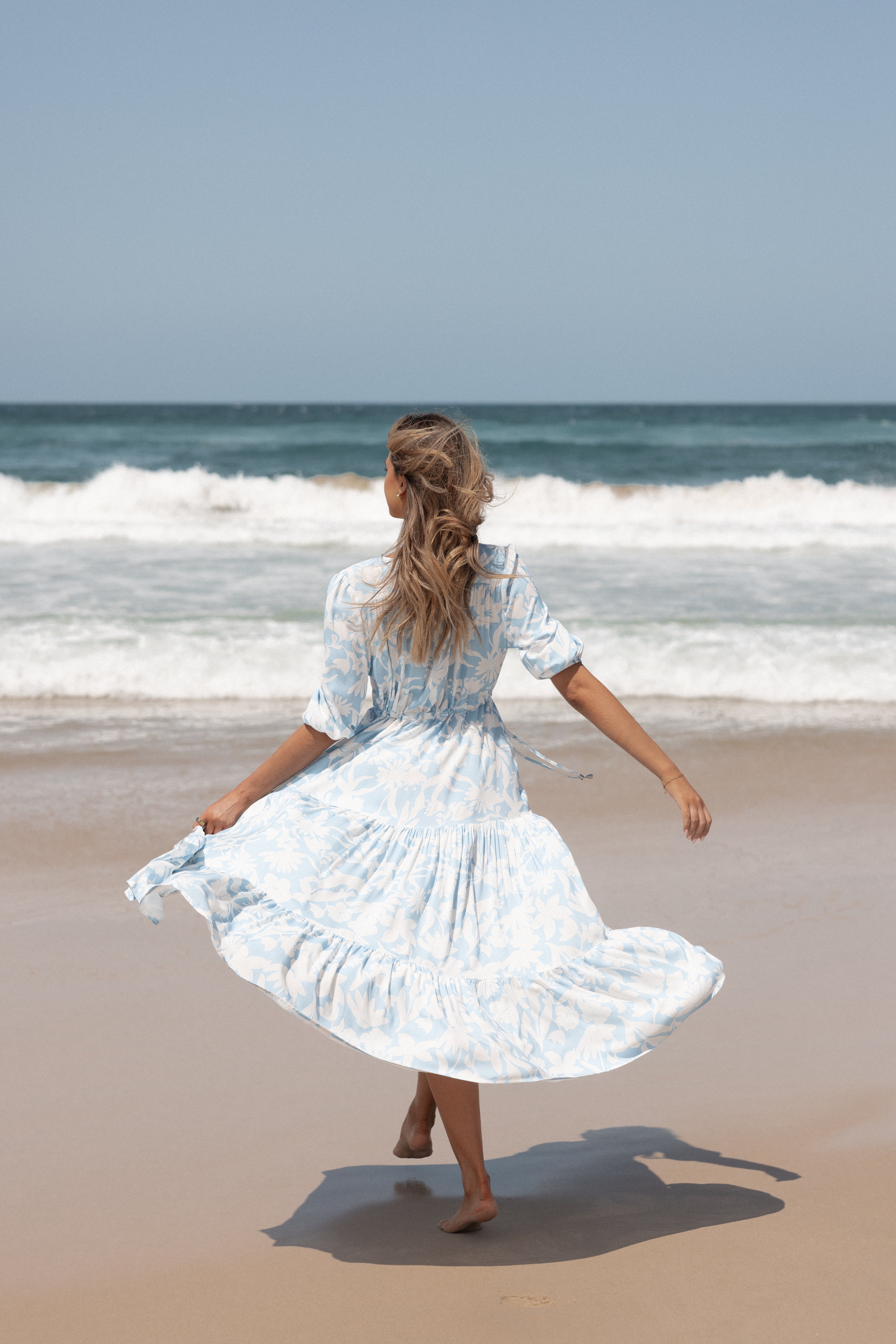 Blue Floral Maxi Dress with V-Neck & Waist Tie - Kelda