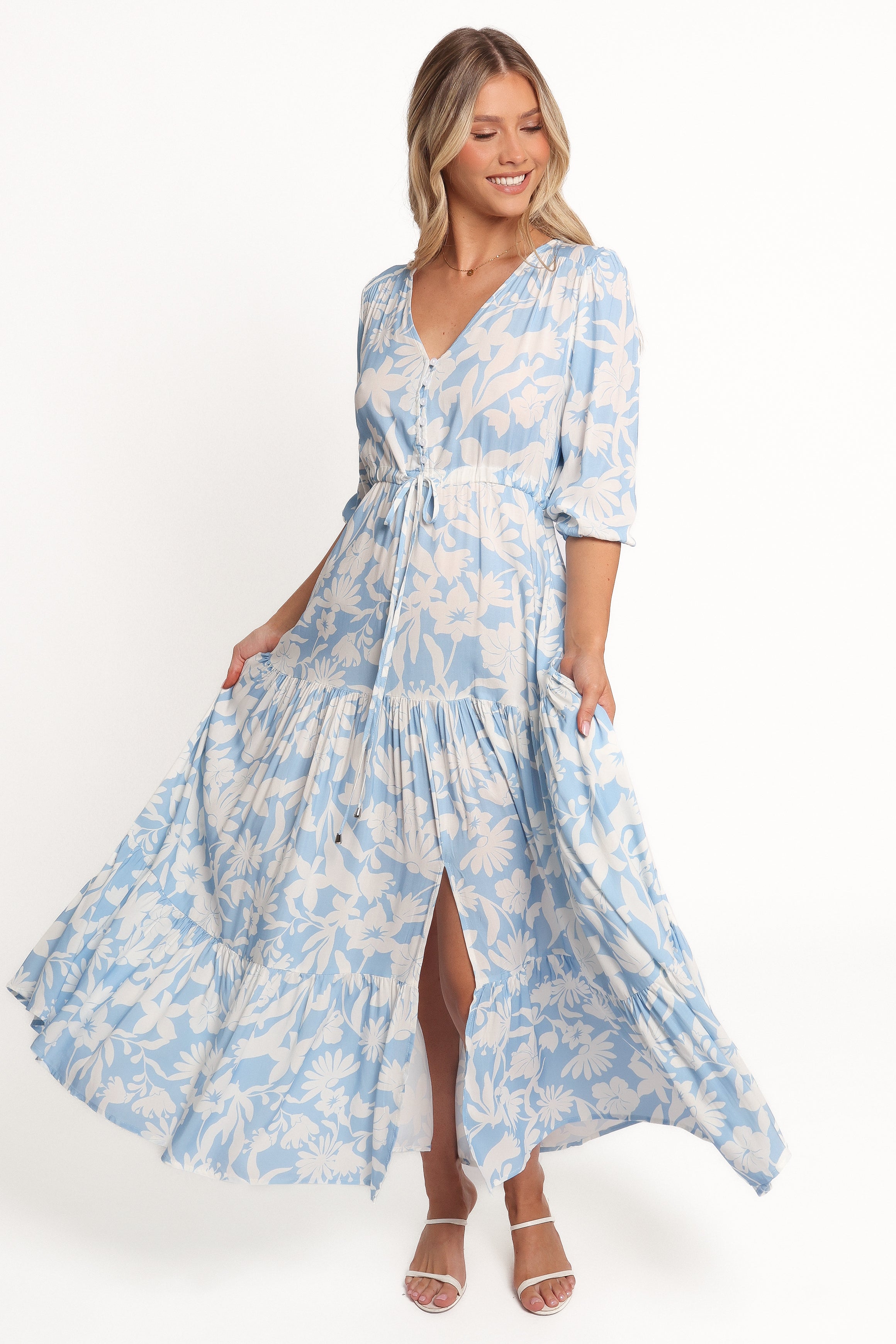 Blue Floral Maxi Dress with V-Neck & Waist Tie - Kelda