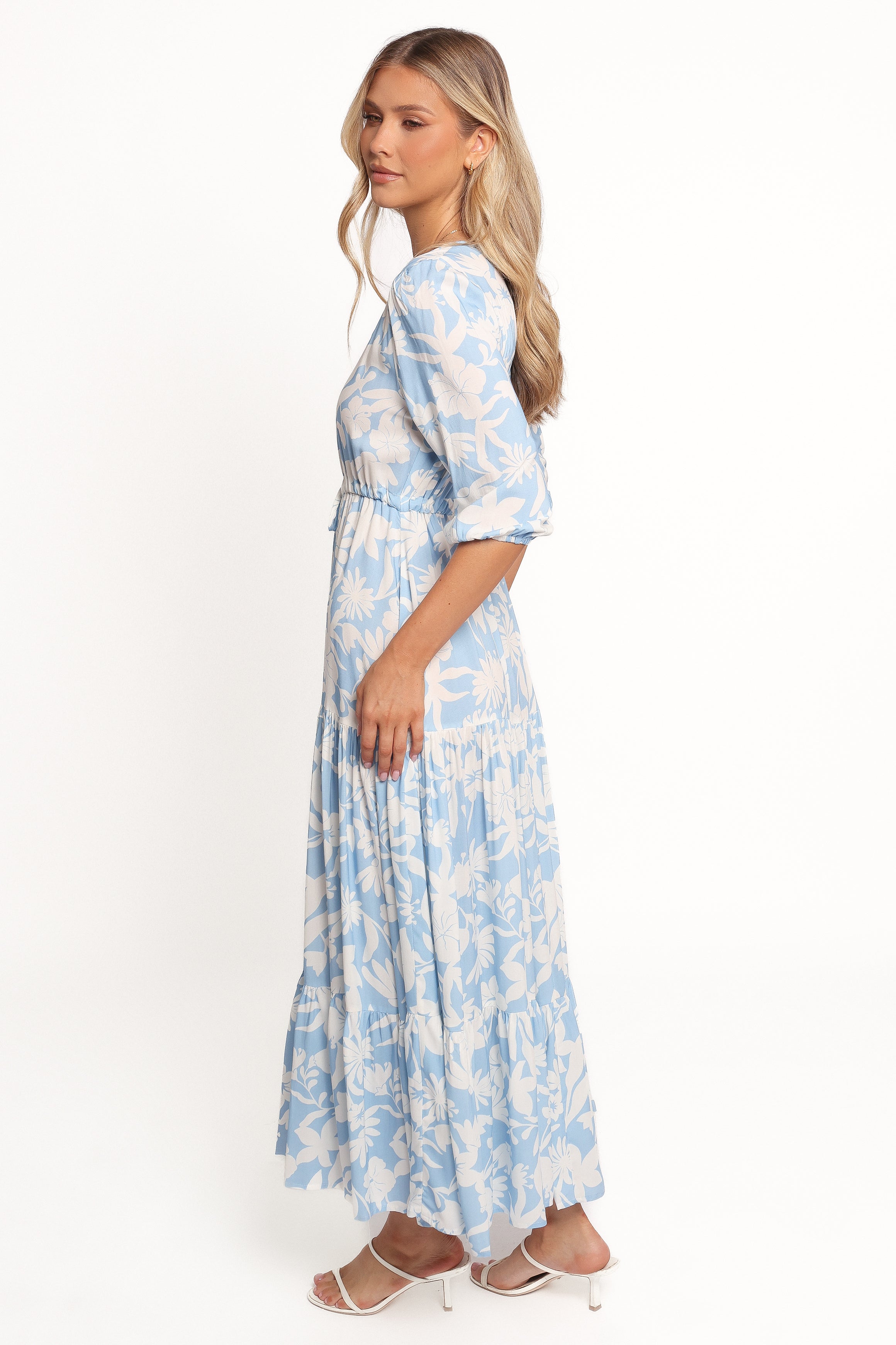 Blue Floral Maxi Dress with V-Neck & Waist Tie - Kelda