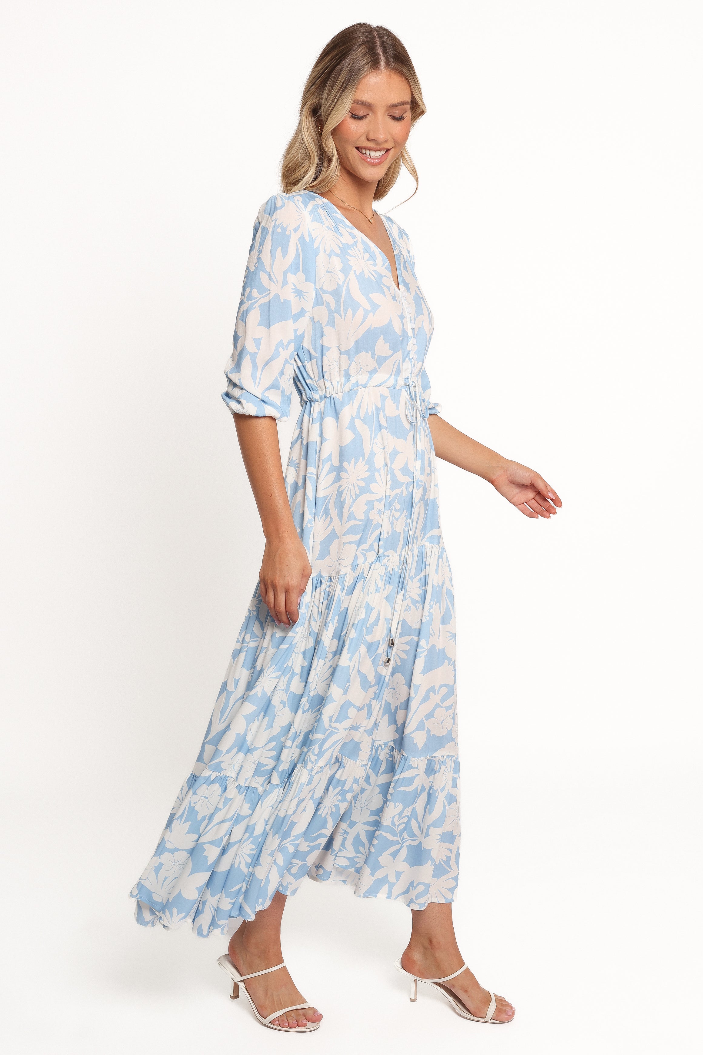 Blue Floral Maxi Dress with V-Neck & Waist Tie - Kelda