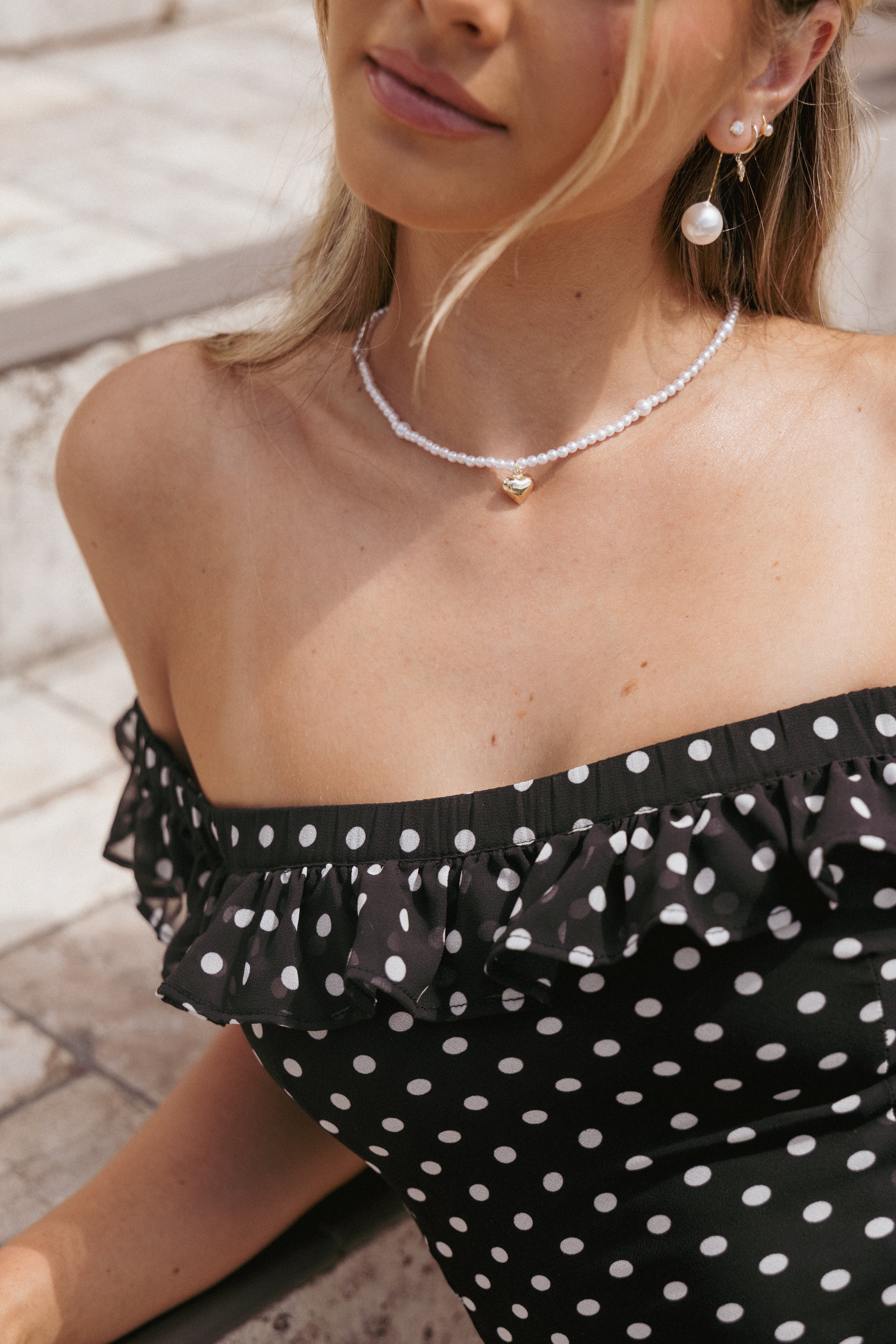 Pearl Necklace with Gold Heart Pendant - Dahlia Design