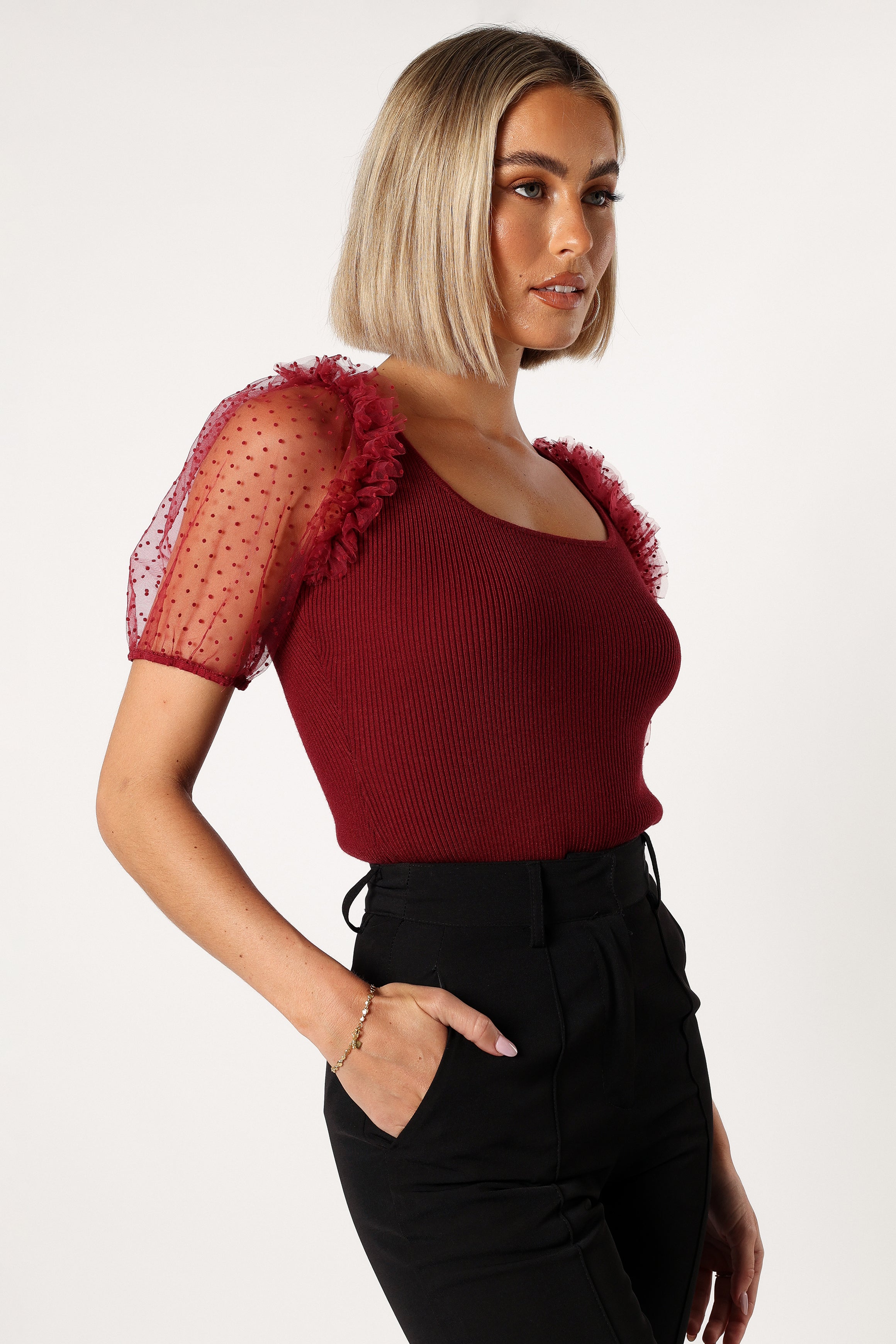 Burgundy Kristen Scoop Neck Ribbed Knit Bodysuit