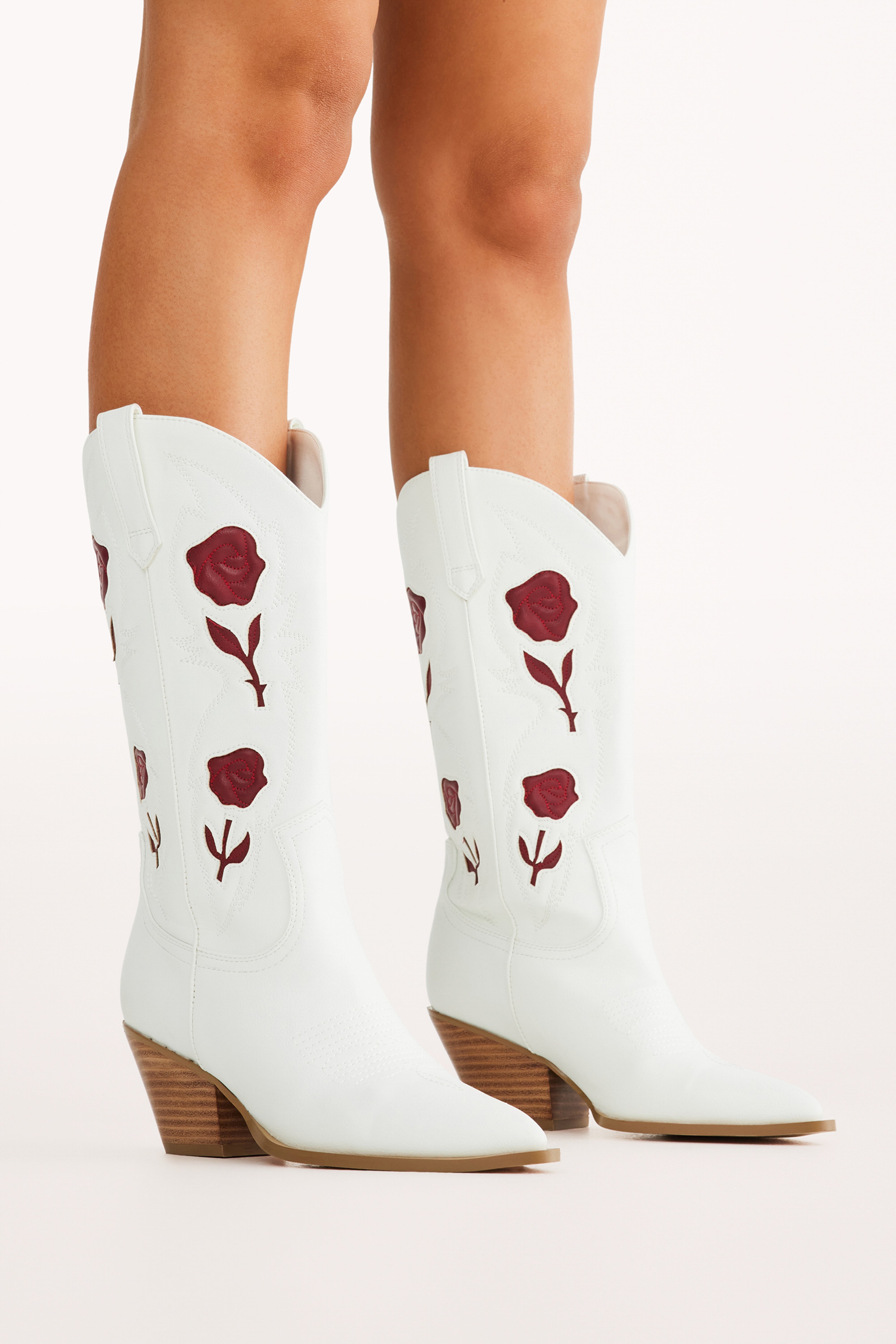Arden White & Garnet Embroidered Rose Boots - 3" Block Heel