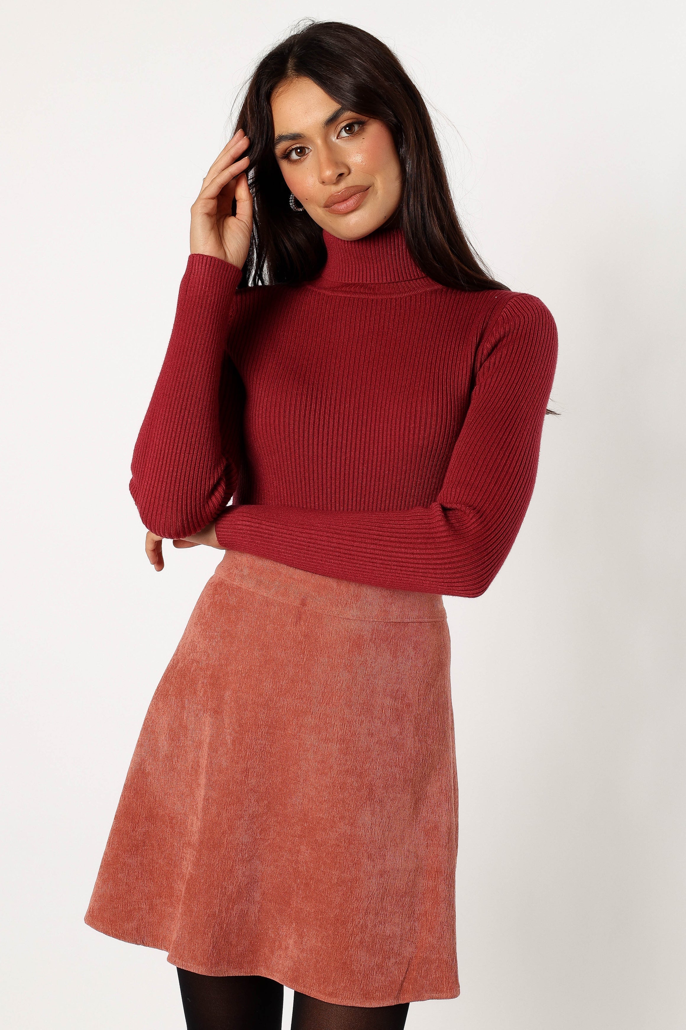 Tammy Mini Cord Skirt - Elastic Waist, Brick Color