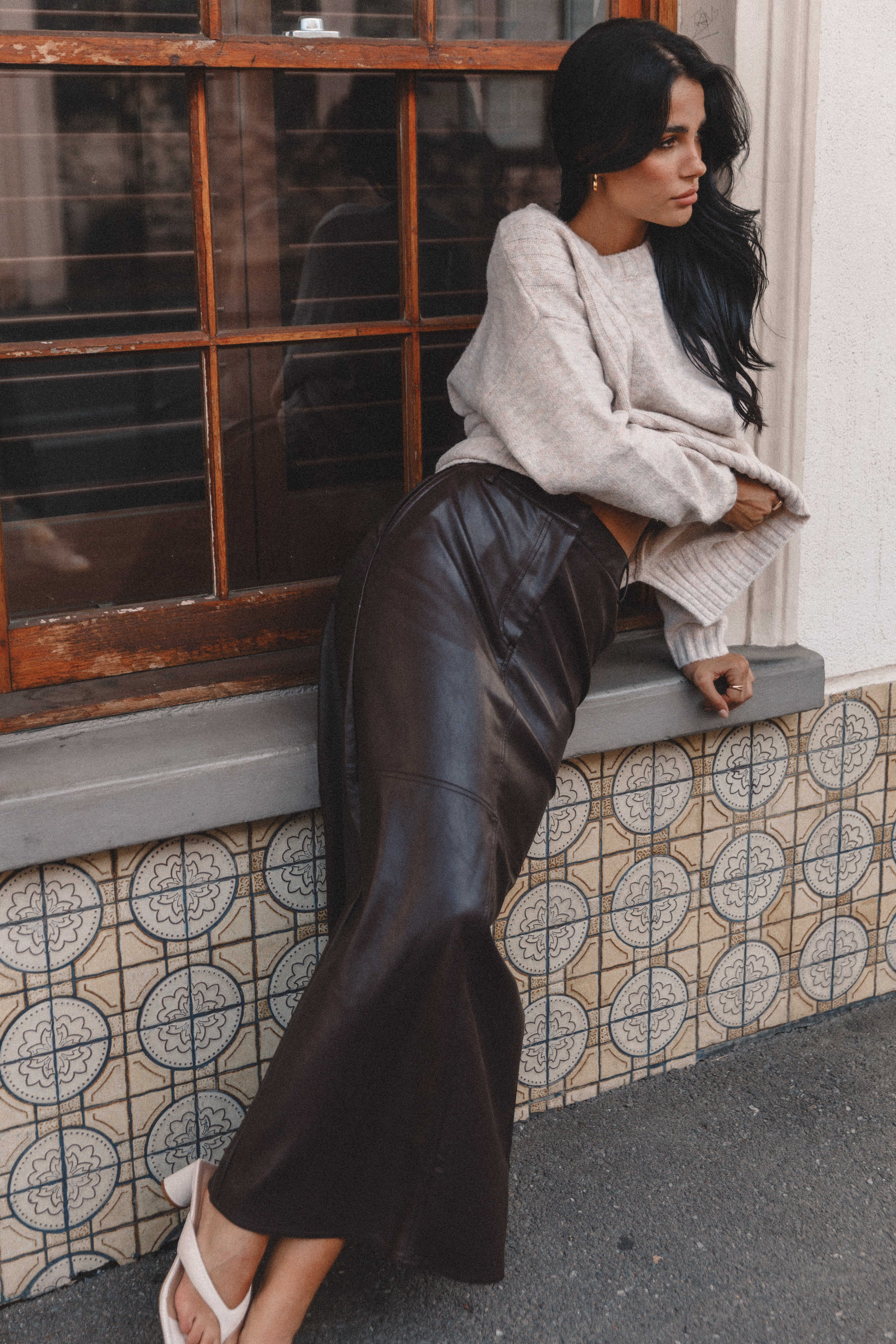 Black Vegan Leather Midi Skirt with Belt Loops & Pockets