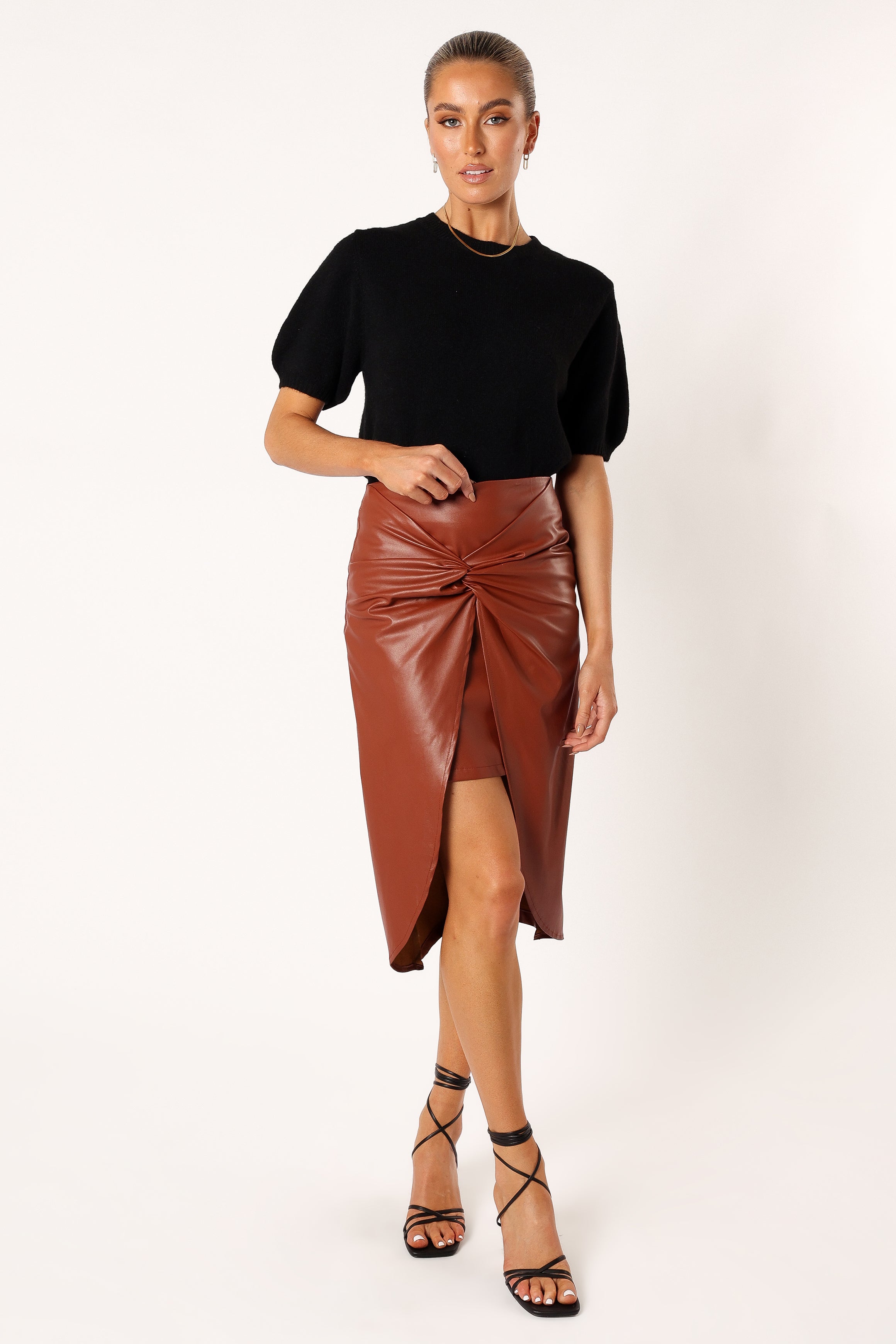 Kristy Faux Leather Midi Skirt with Back Zip - Brown