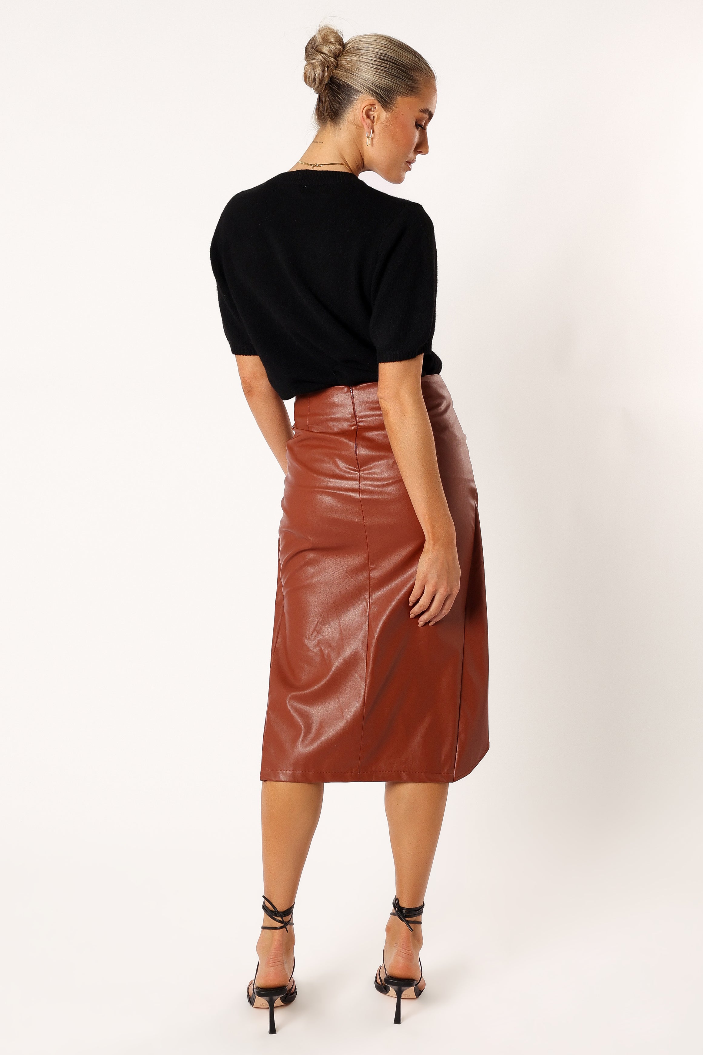 Kristy Faux Leather Midi Skirt with Back Zip - Brown