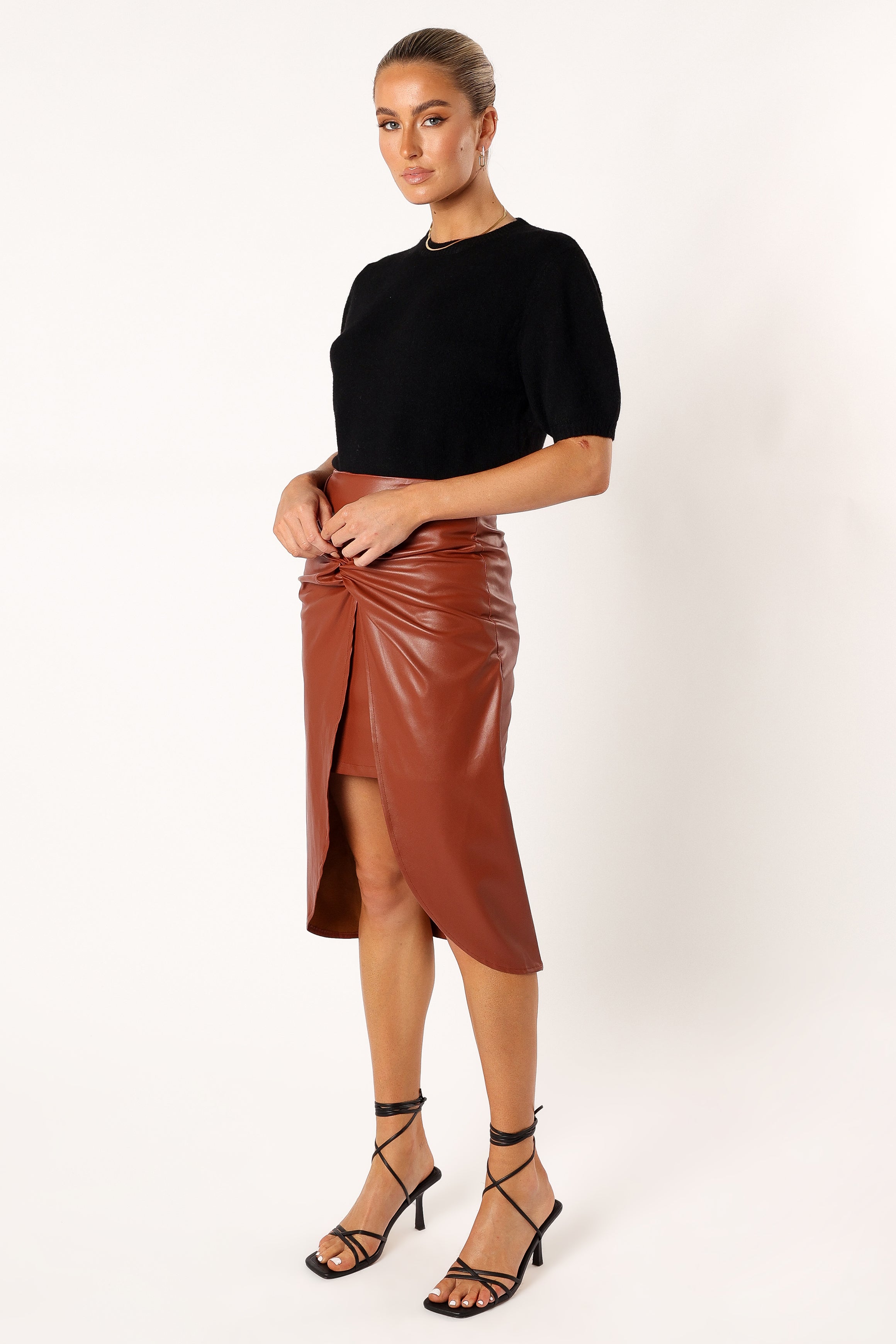 Kristy Faux Leather Midi Skirt with Back Zip - Brown