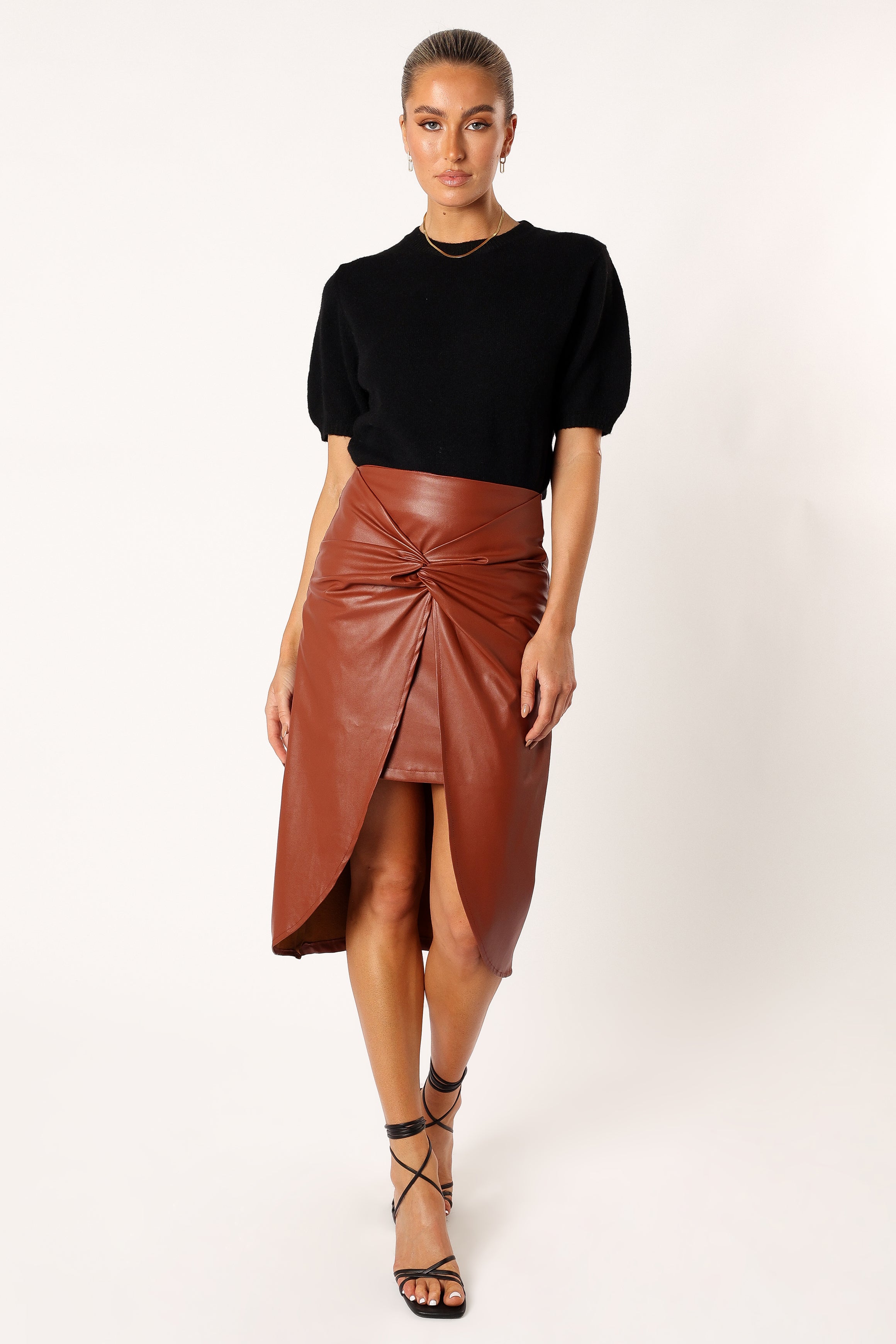 Kristy Faux Leather Midi Skirt with Back Zip - Brown