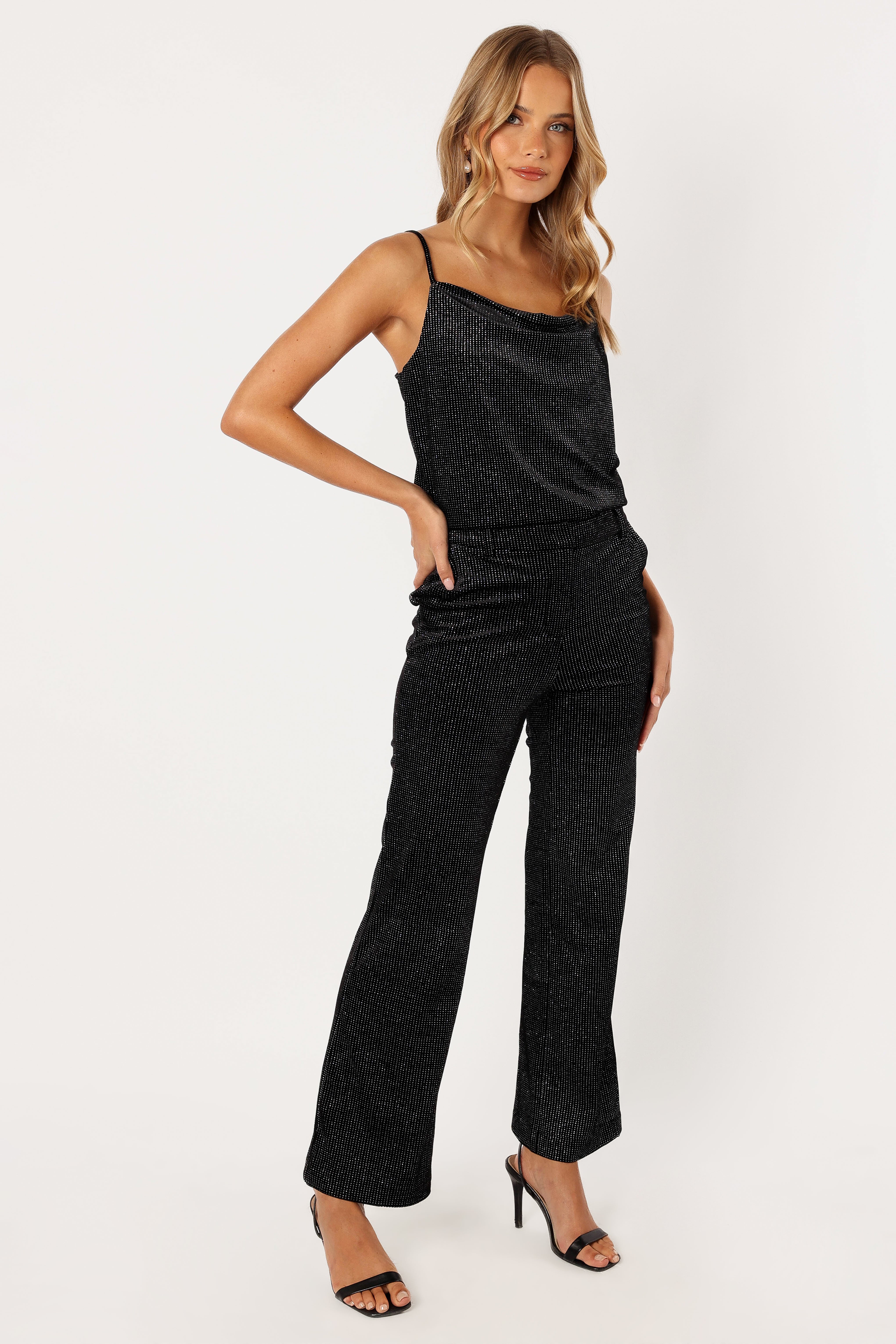 Ensley High Waisted Velvet Shimmer Pants - Black with Side Pockets