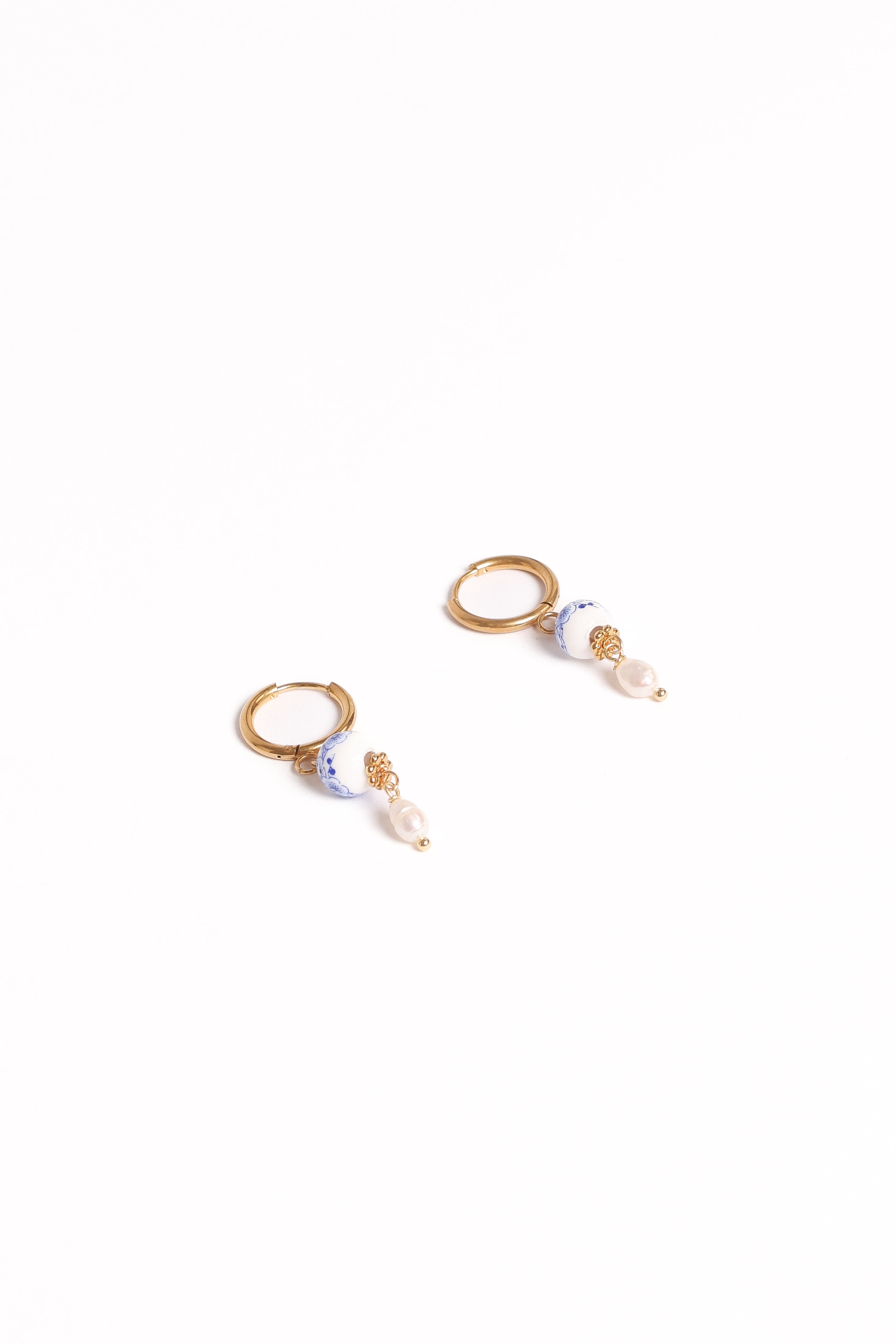 Bree Gold Drop Hoop Earrings with Blue Floral Beads & Pearl Detail