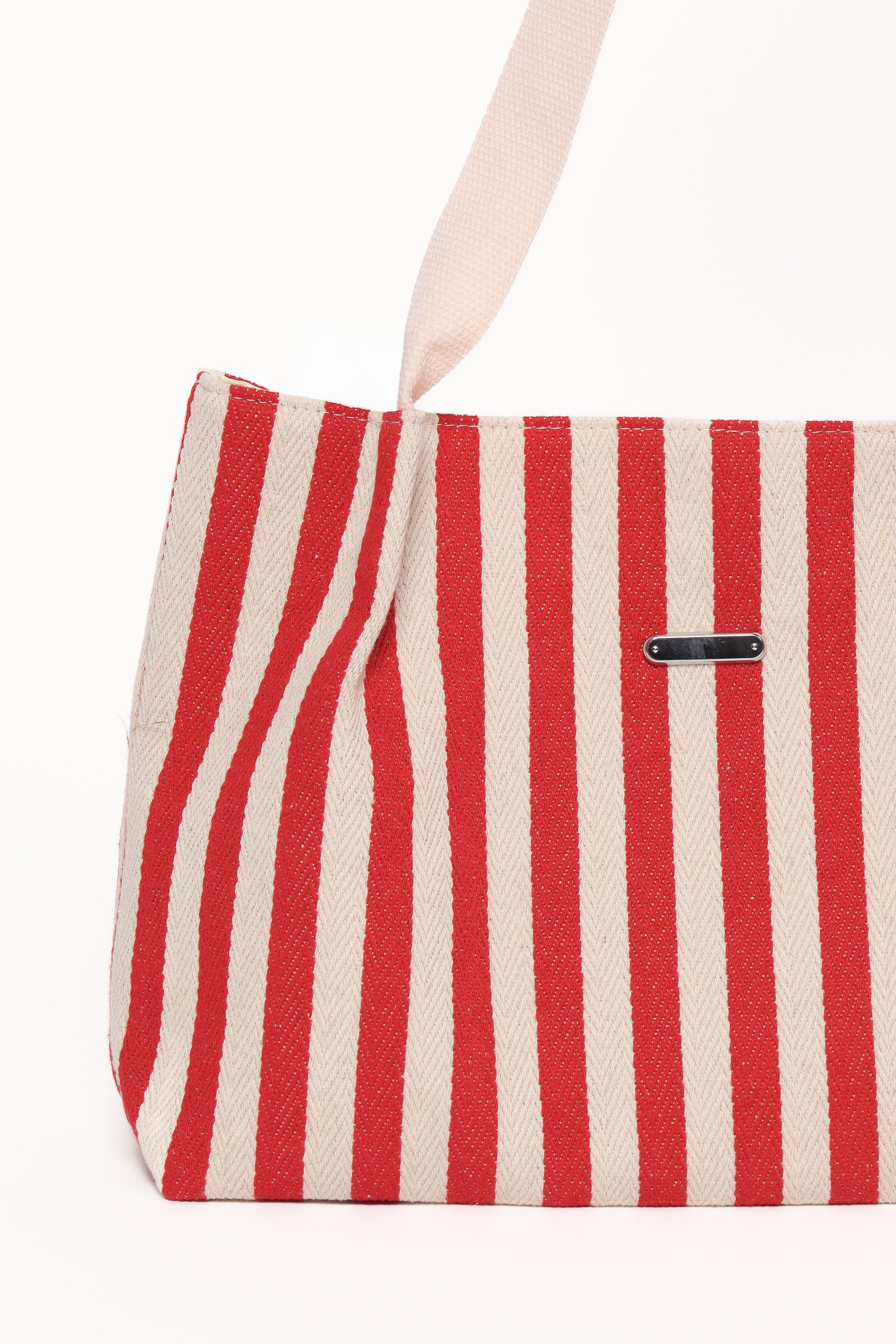 Ruby Striped Cotton Beach Bag with Zip Closure & Shoulder Strap