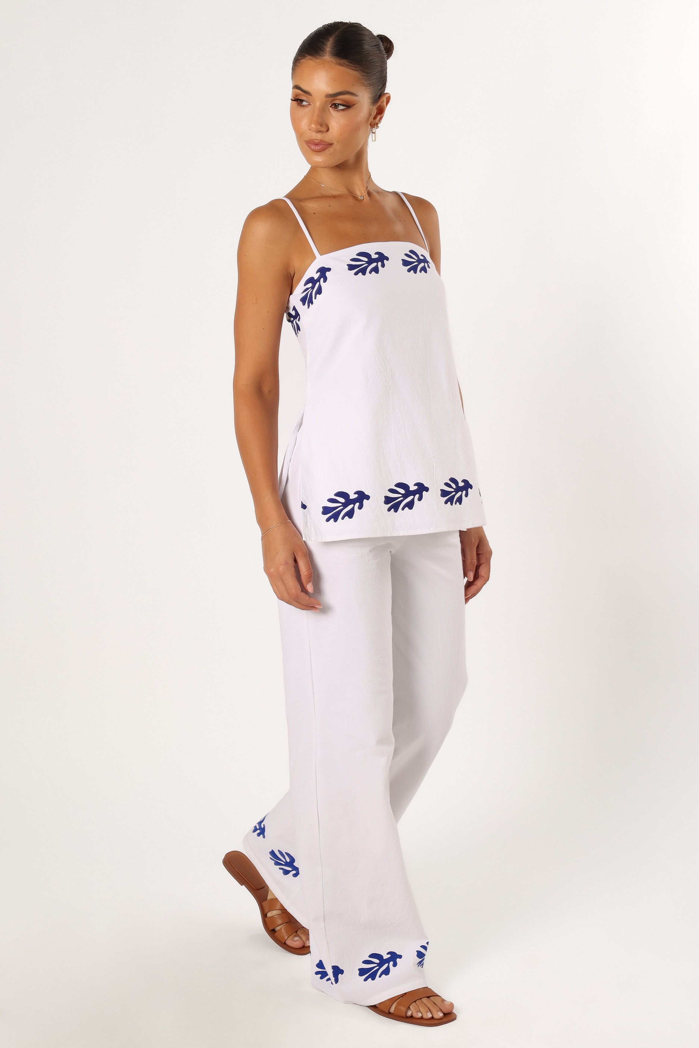White Blue Tropical Print Linen Pants - High Waisted Wide Leg with Pockets