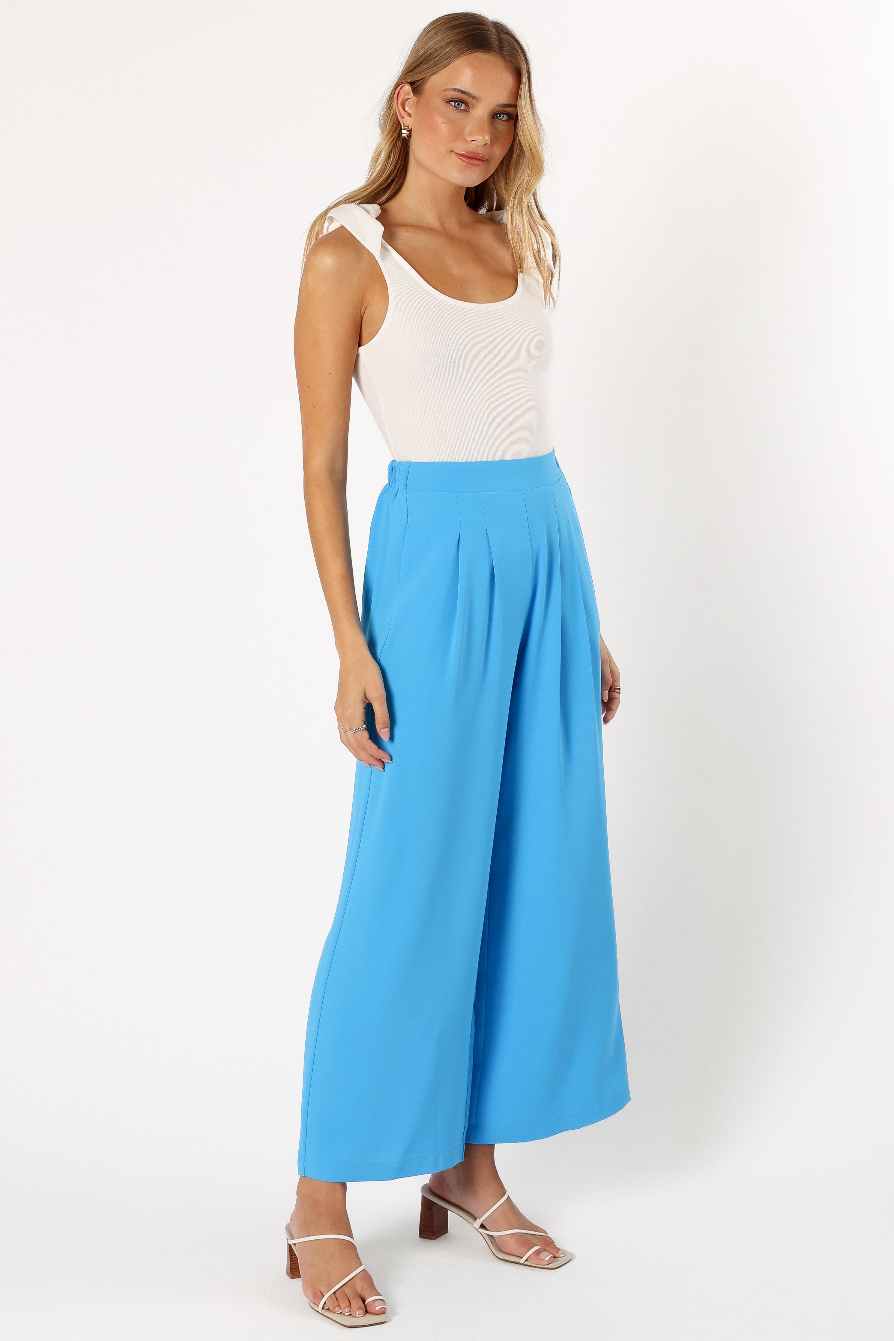High Waisted Blue Enya Pants with Pockets & Pleat Detail