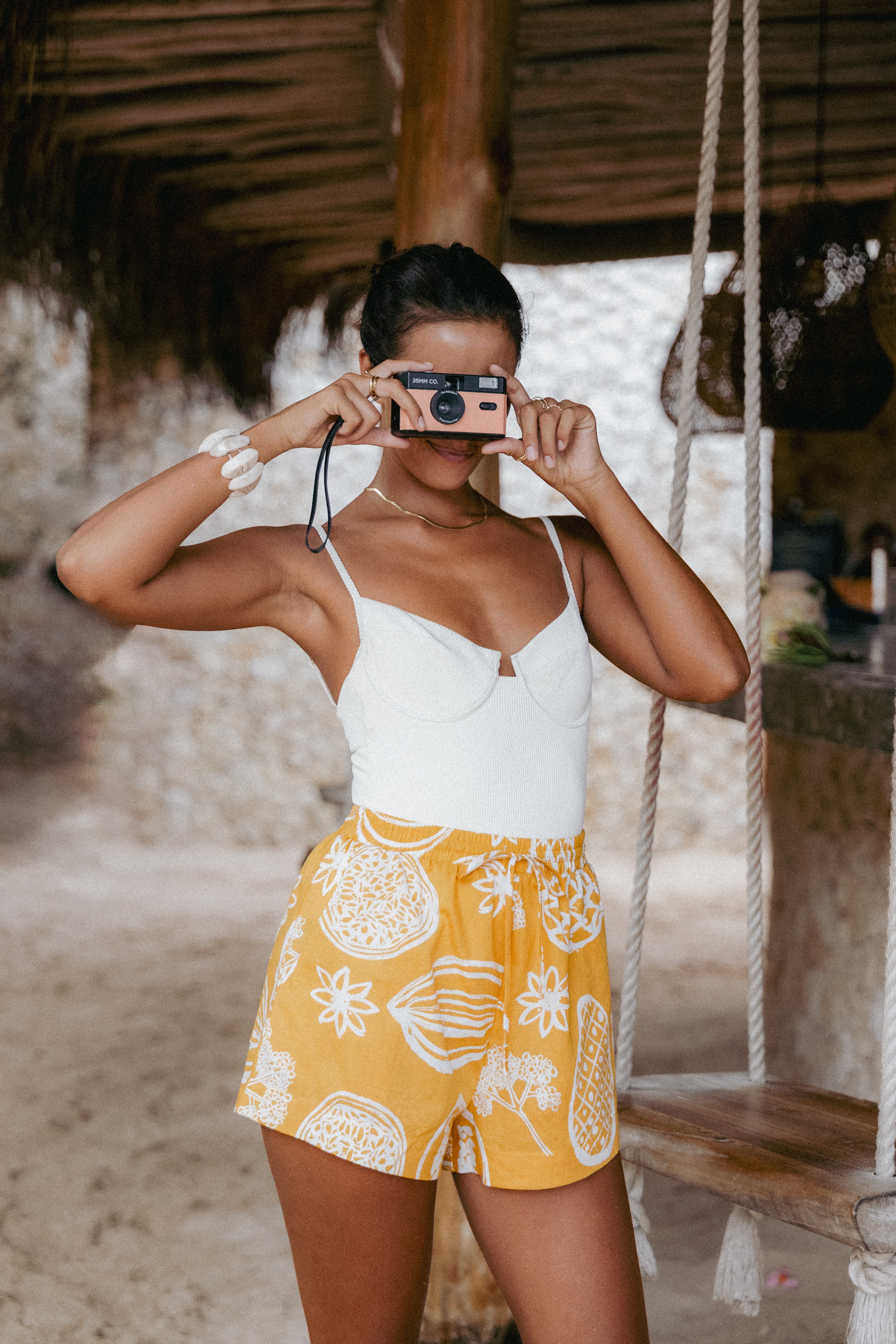 Women's High Waisted Yellow Tropical Print Shorts - Cotton Linen Blend