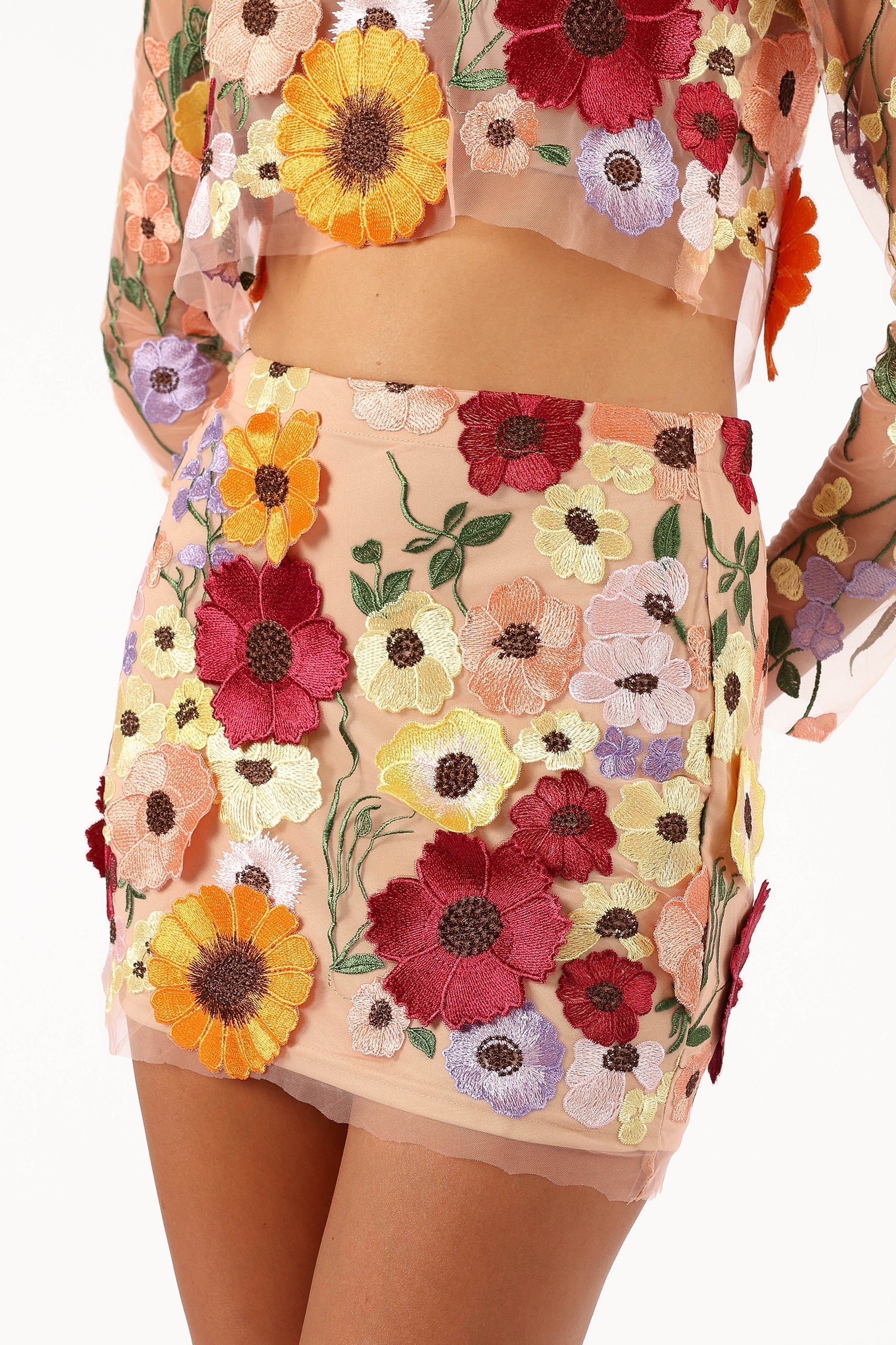 Pink Bloom Embroidered Mini Skirt - Wrenn Floral Mesh Skirt