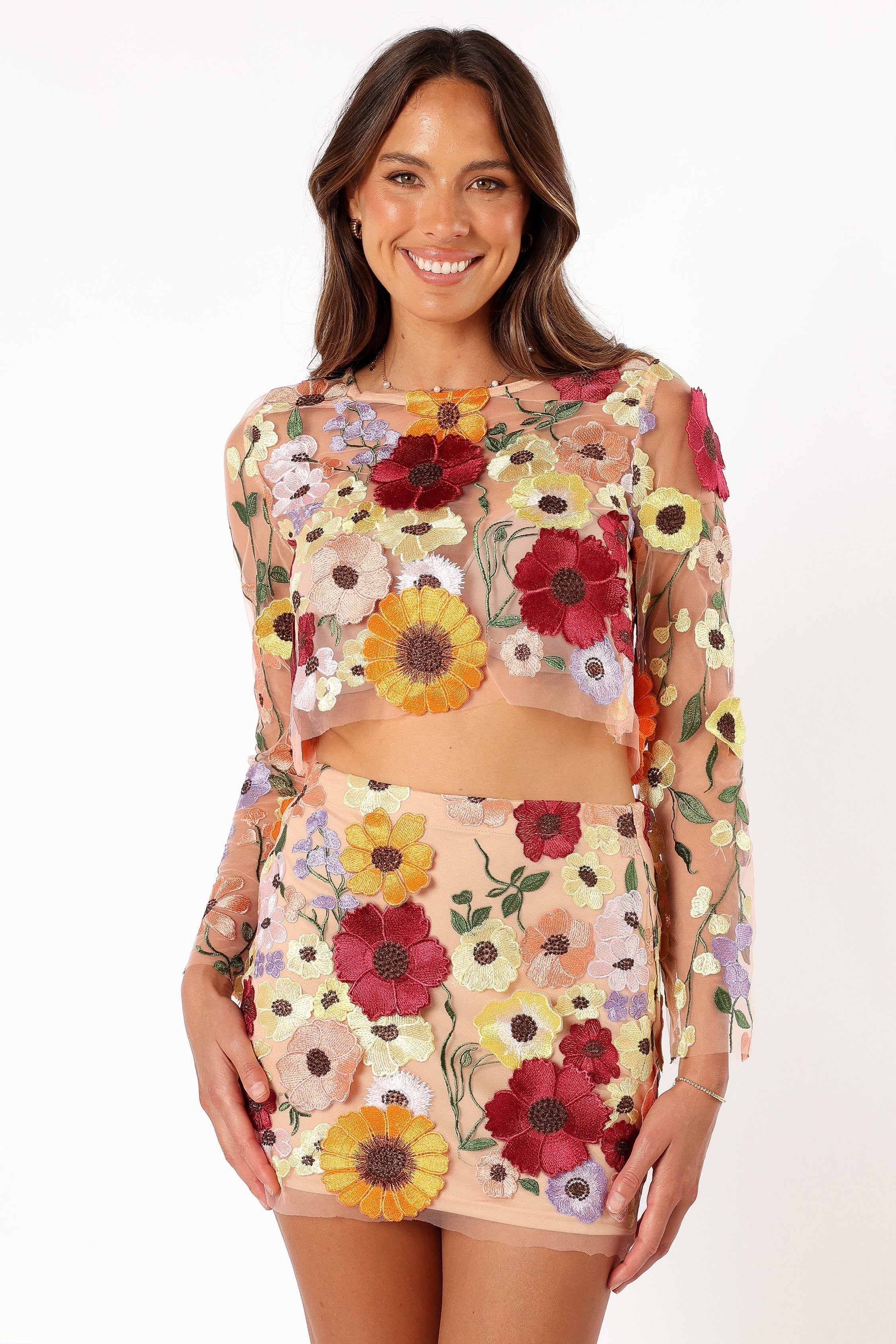 Pink Bloom Embroidered Mini Skirt - Wrenn Floral Mesh Skirt