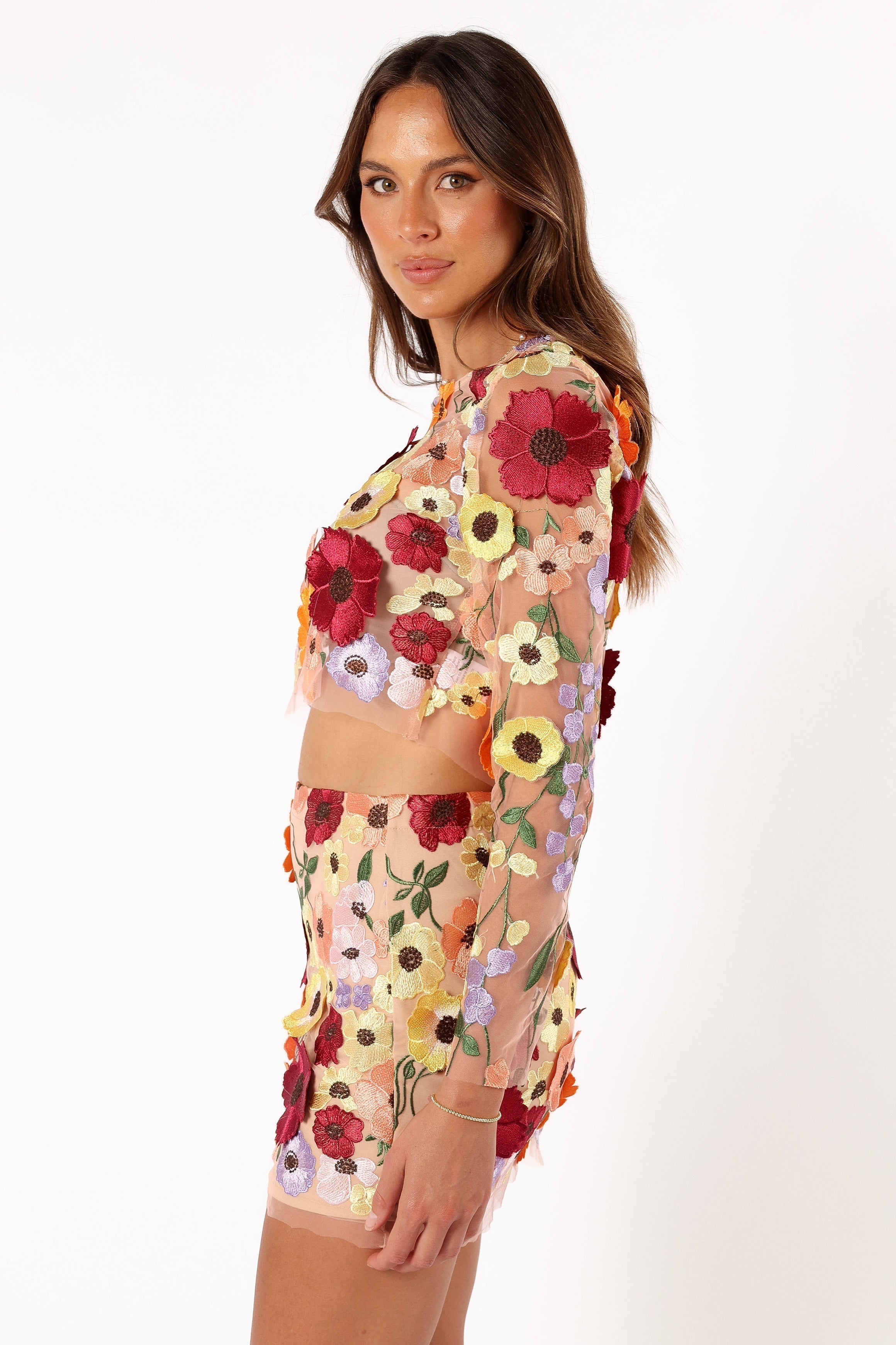 Pink Bloom Embroidered Mini Skirt - Wrenn Floral Mesh Skirt