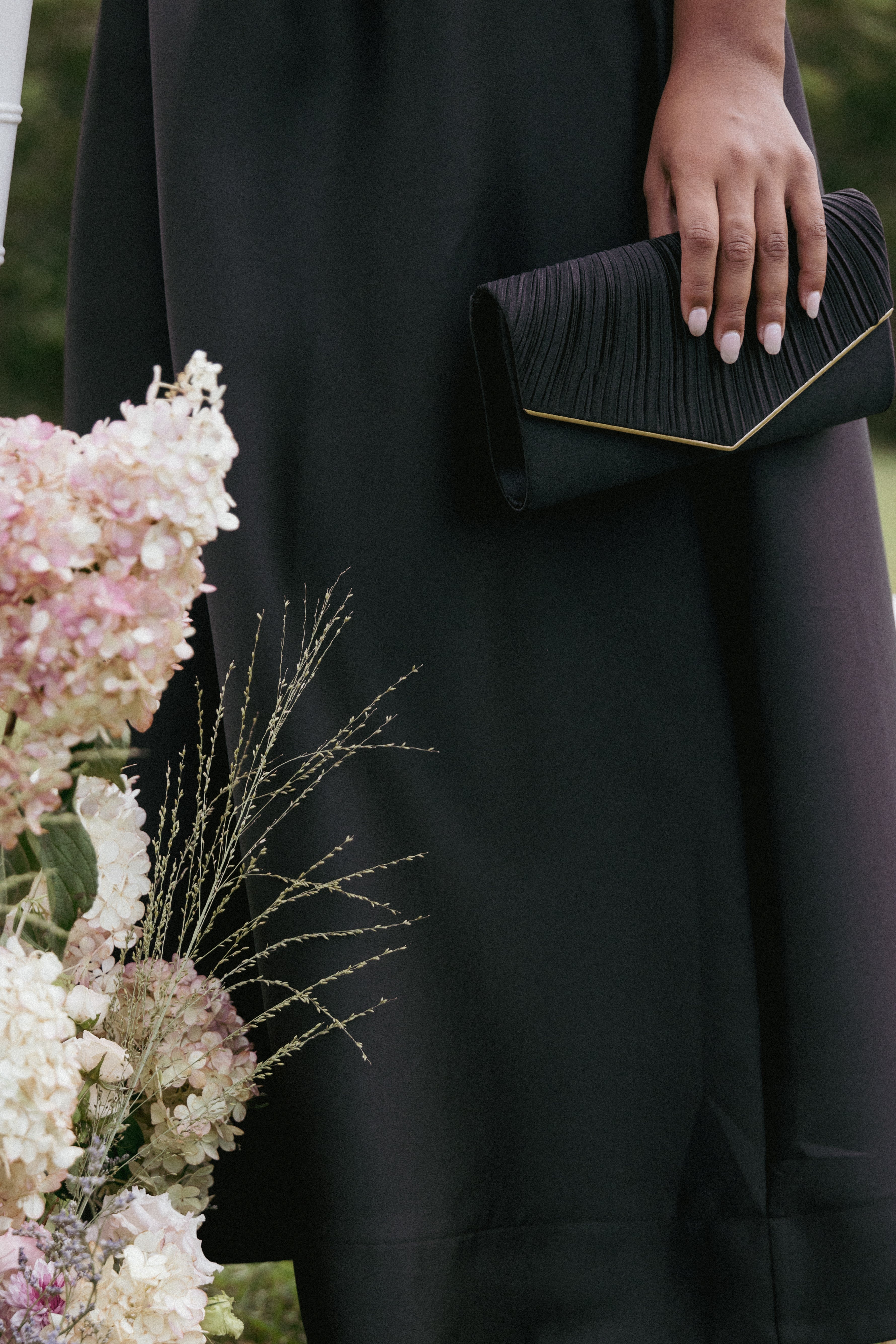 Black Satin Lucia Clutch with Gold Chain Strap & Magnetic Closure