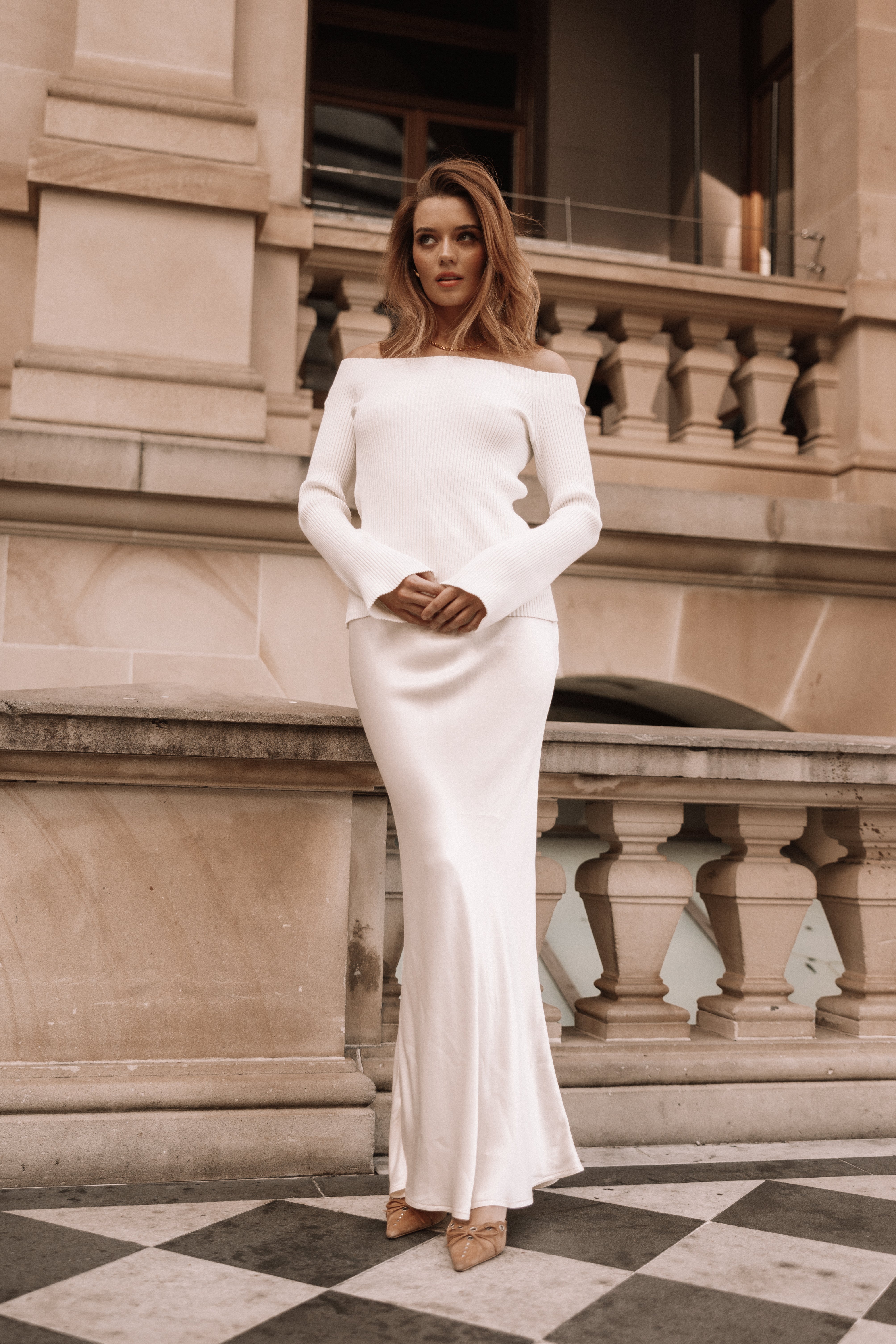 Cream Satin Midi Skirt with Side Zip & Drawstring