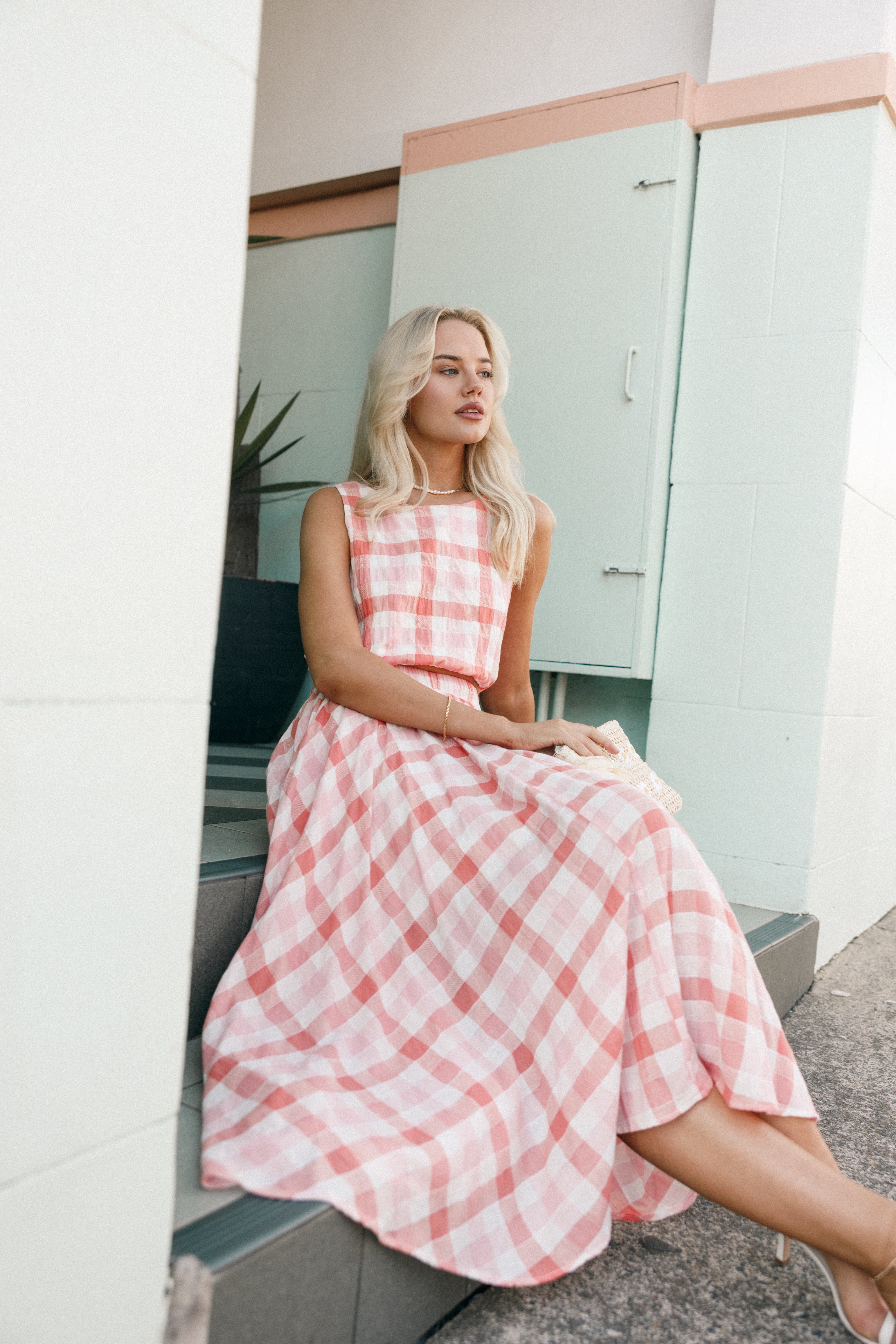 Women's Gingham Midi Skirt with Pockets - Betty Rosey Pink Cotton Rayon