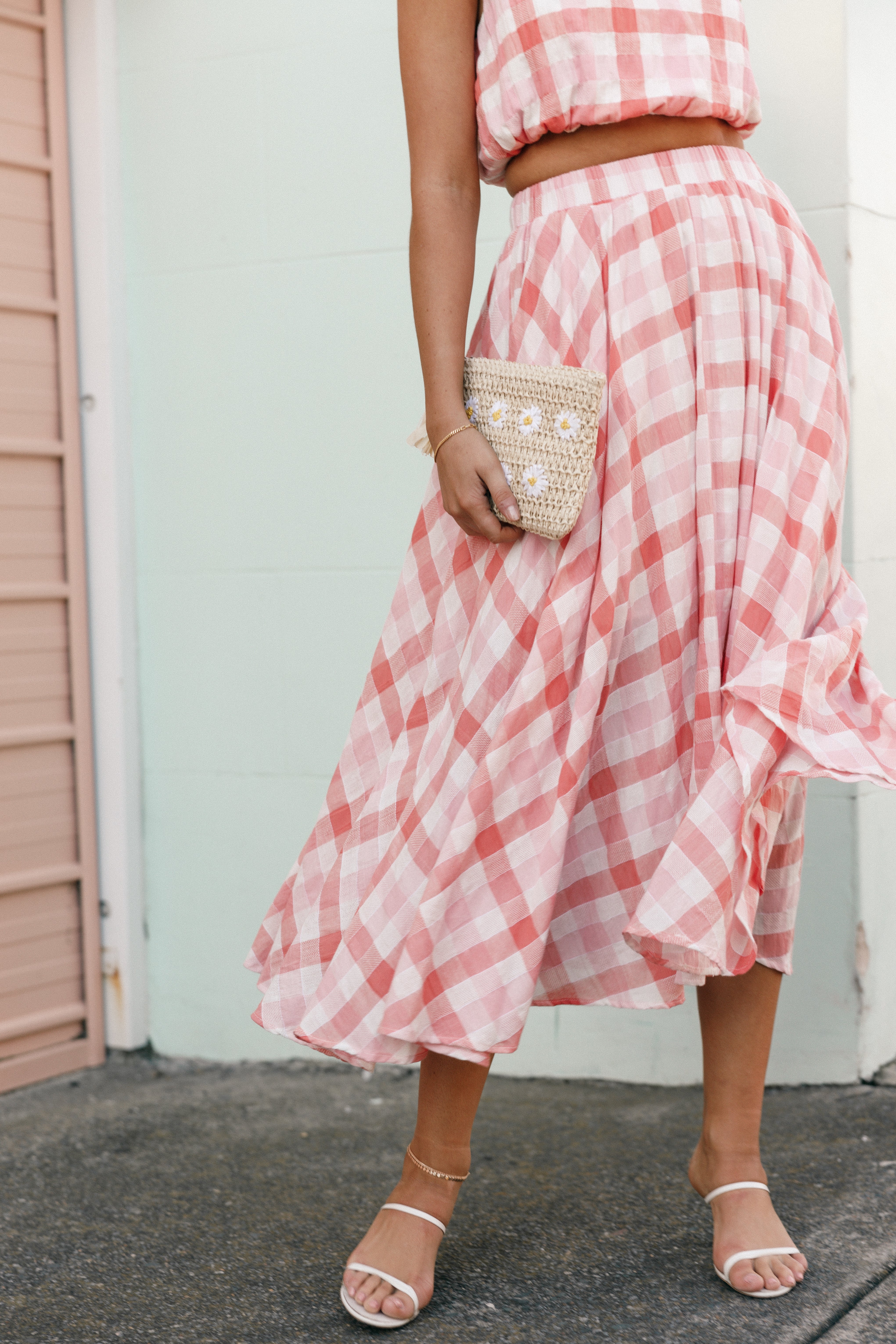 Women's Gingham Midi Skirt with Pockets - Betty Rosey Pink Cotton Rayon