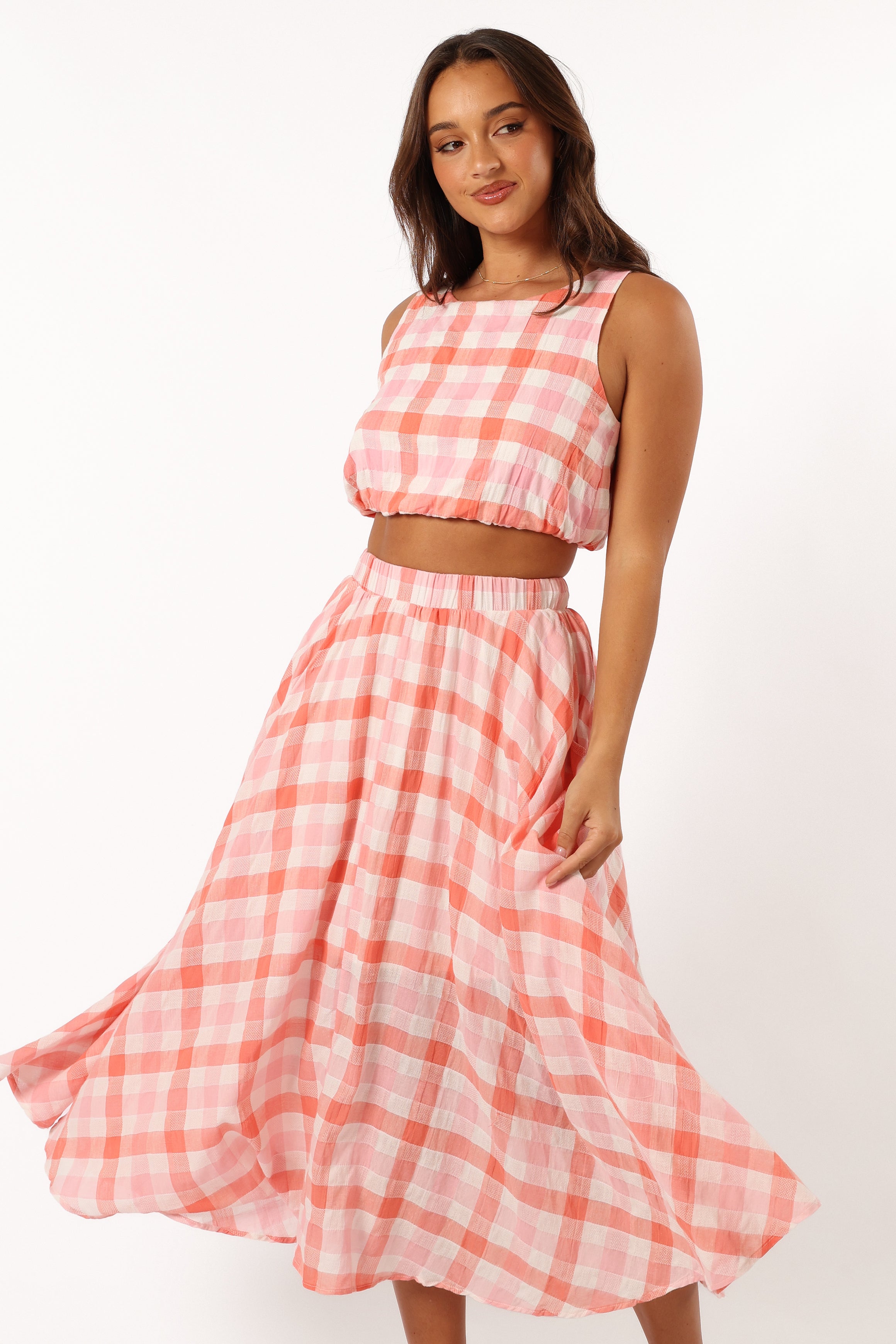 Women's Gingham Midi Skirt with Pockets - Betty Rosey Pink Cotton Rayon