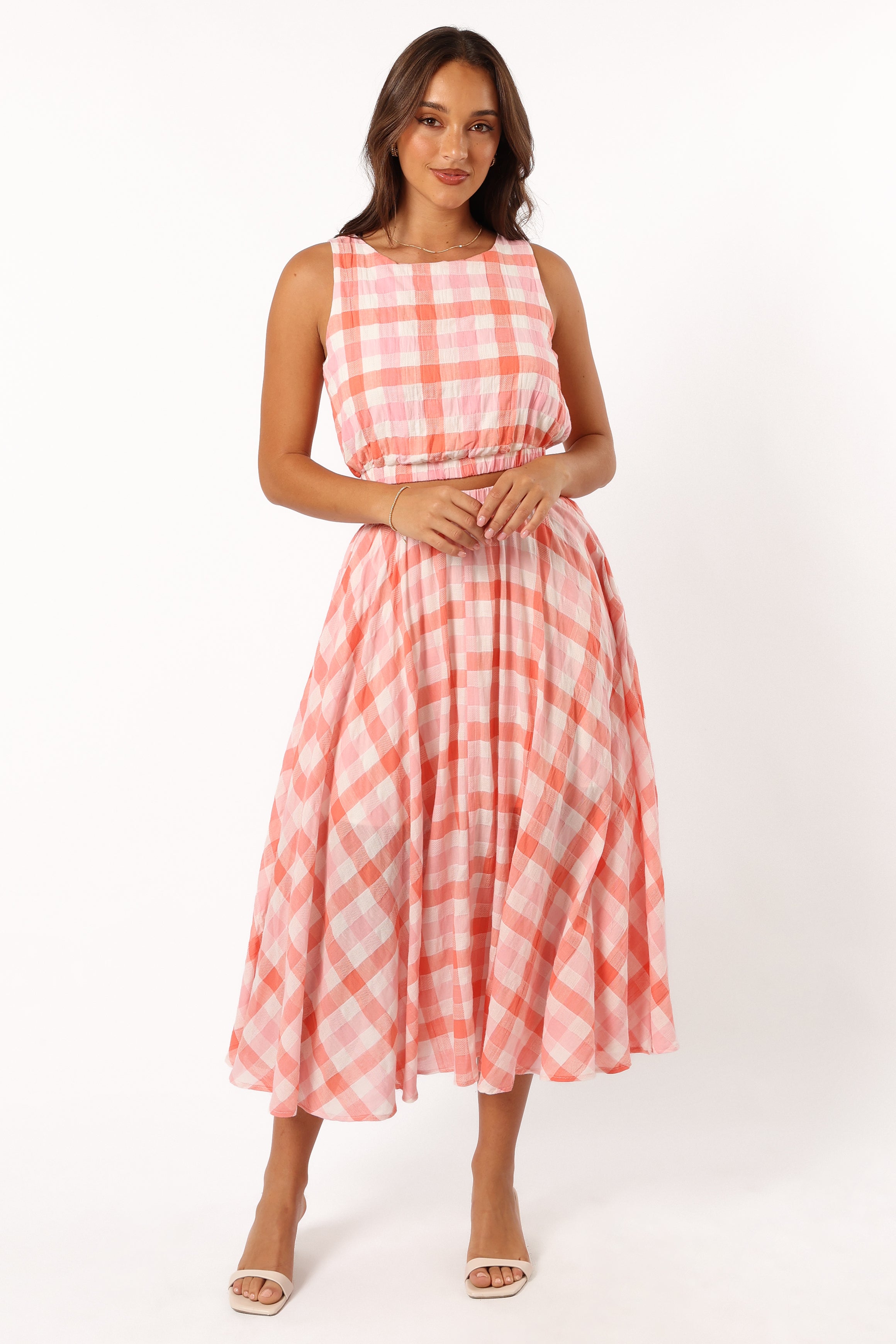 Women's Gingham Midi Skirt with Pockets - Betty Rosey Pink Cotton Rayon
