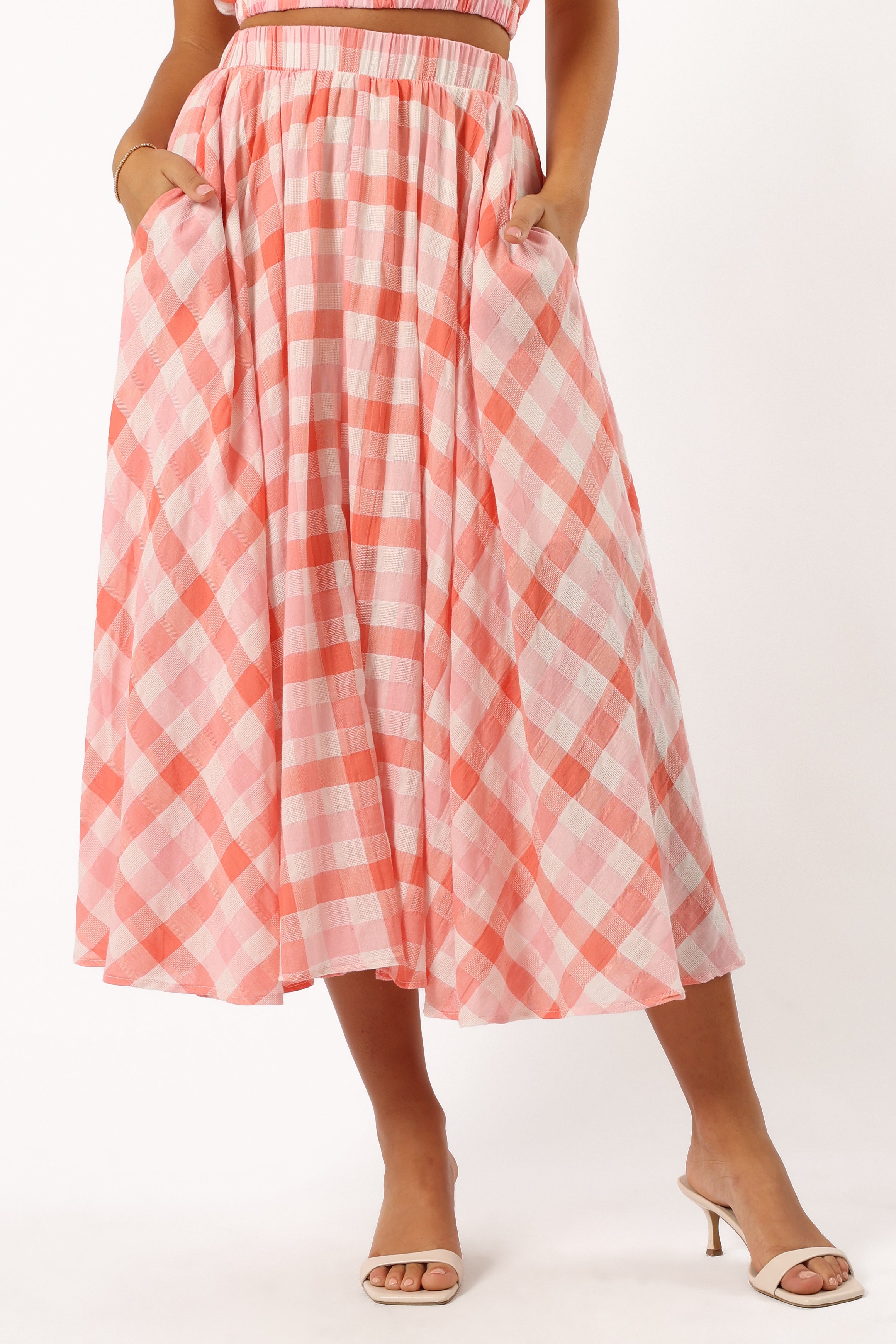 Women's Gingham Midi Skirt with Pockets - Betty Rosey Pink Cotton Rayon