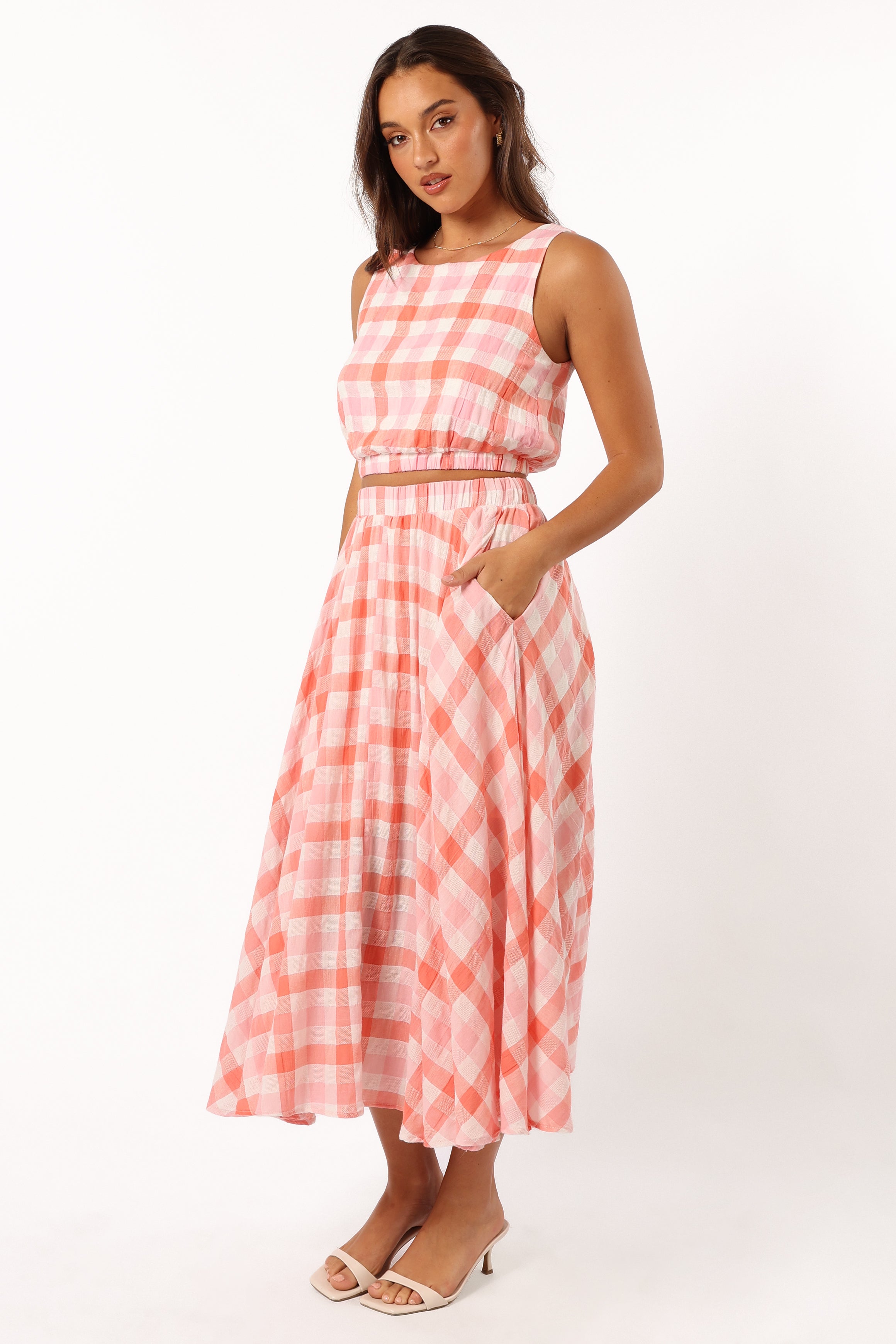 Women's Gingham Midi Skirt with Pockets - Betty Rosey Pink Cotton Rayon