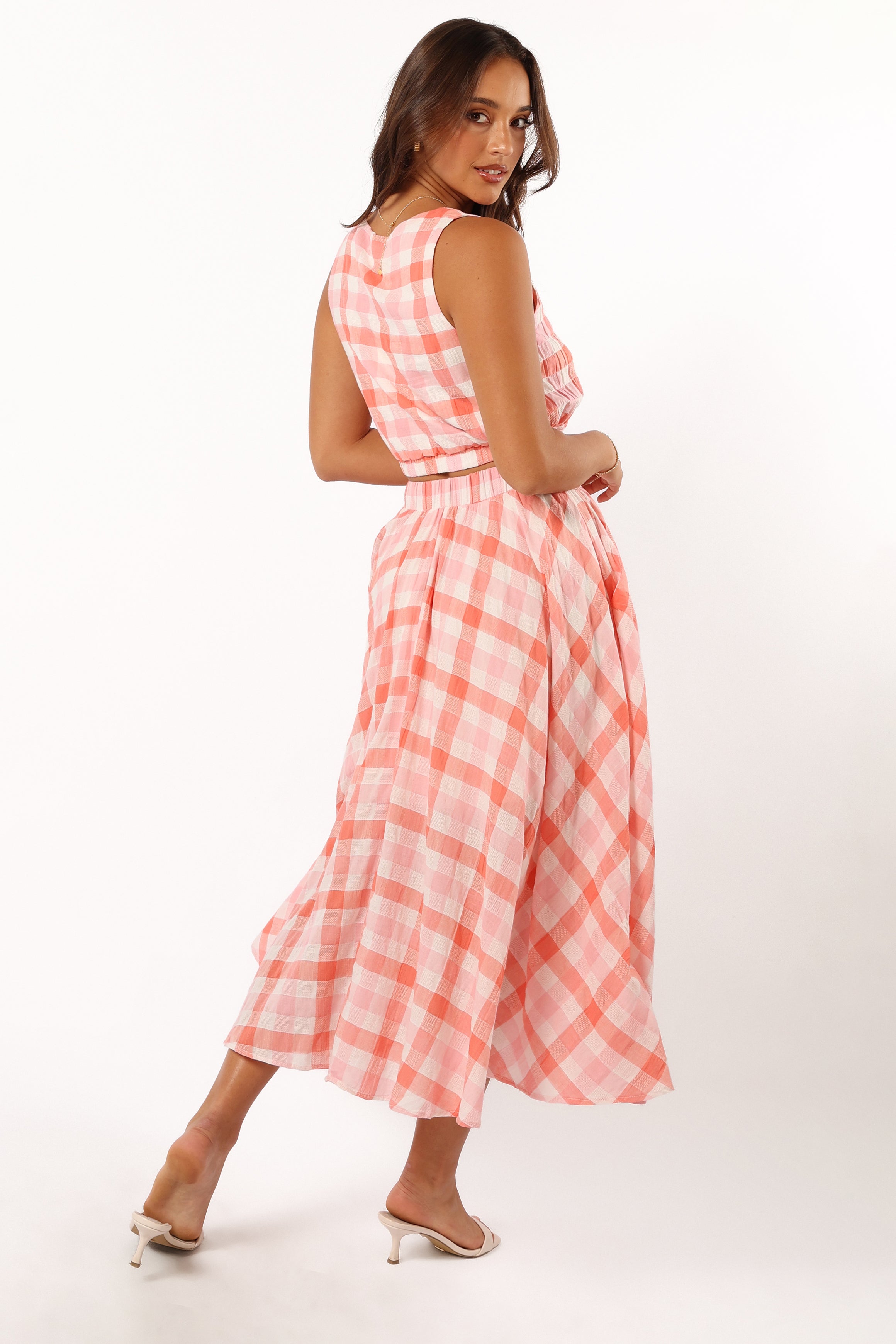Women's Gingham Midi Skirt with Pockets - Betty Rosey Pink Cotton Rayon