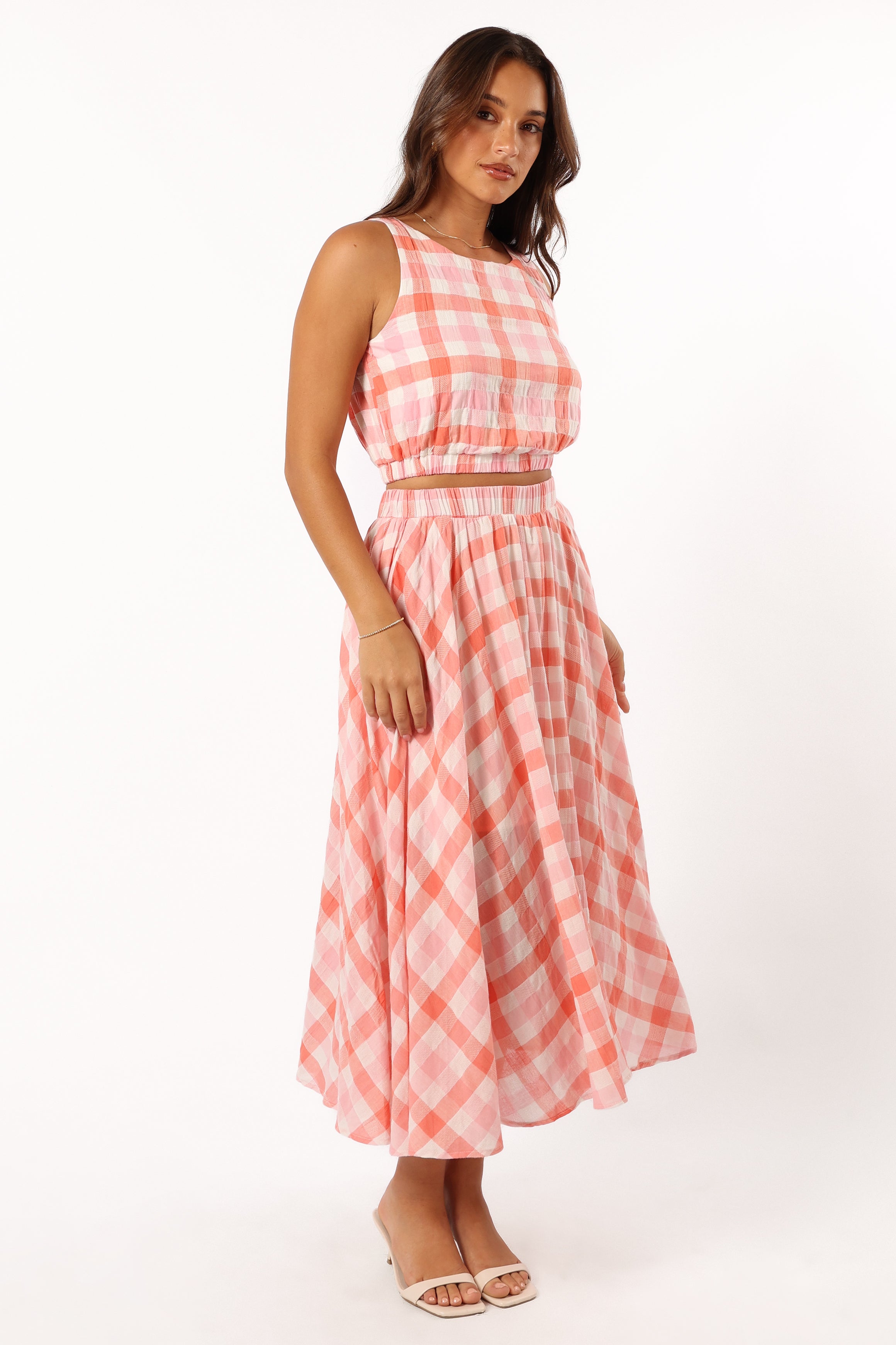 Women's Gingham Midi Skirt with Pockets - Betty Rosey Pink Cotton Rayon