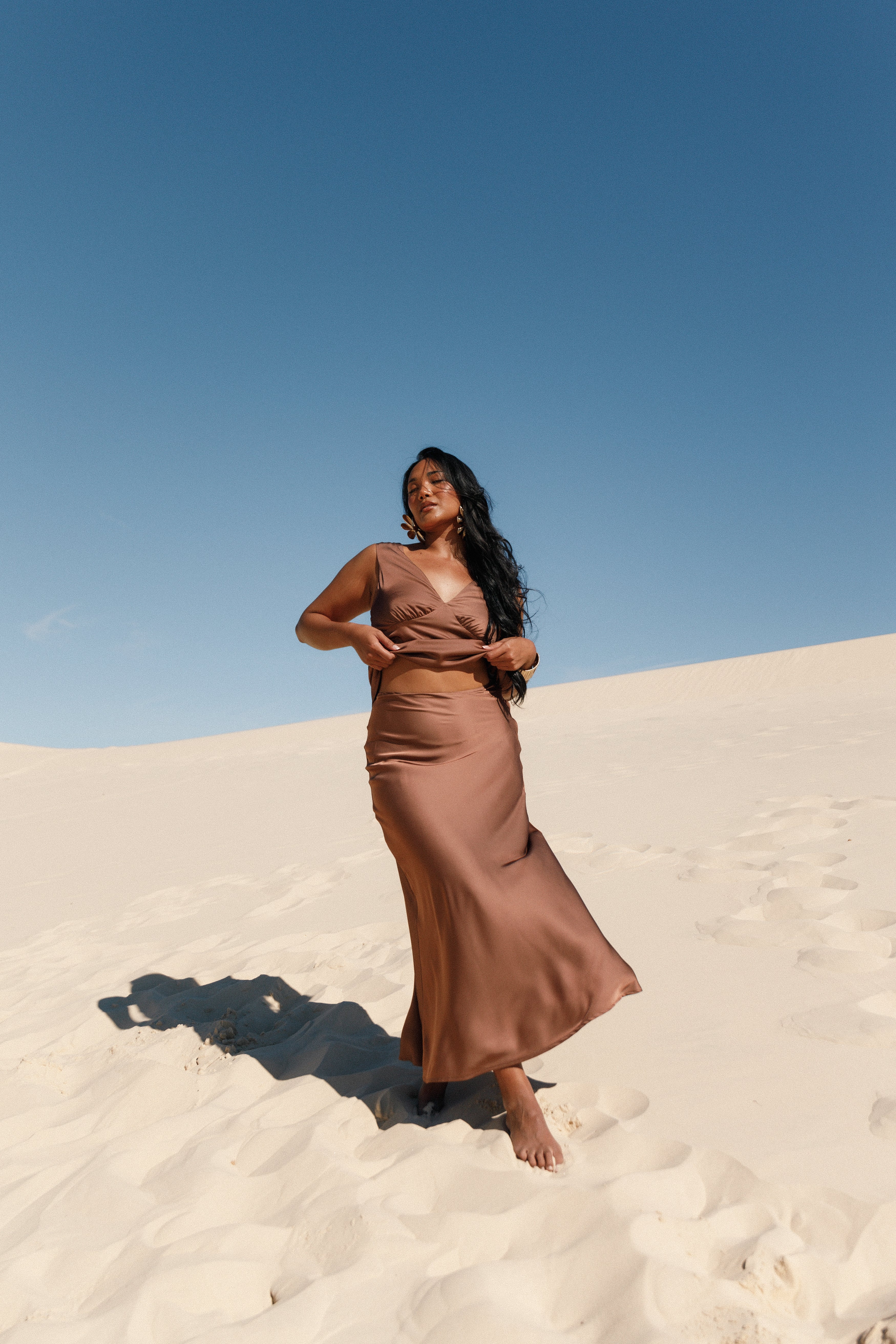 Nellie Satin Midi Skirt - High Waisted Banksia Brown