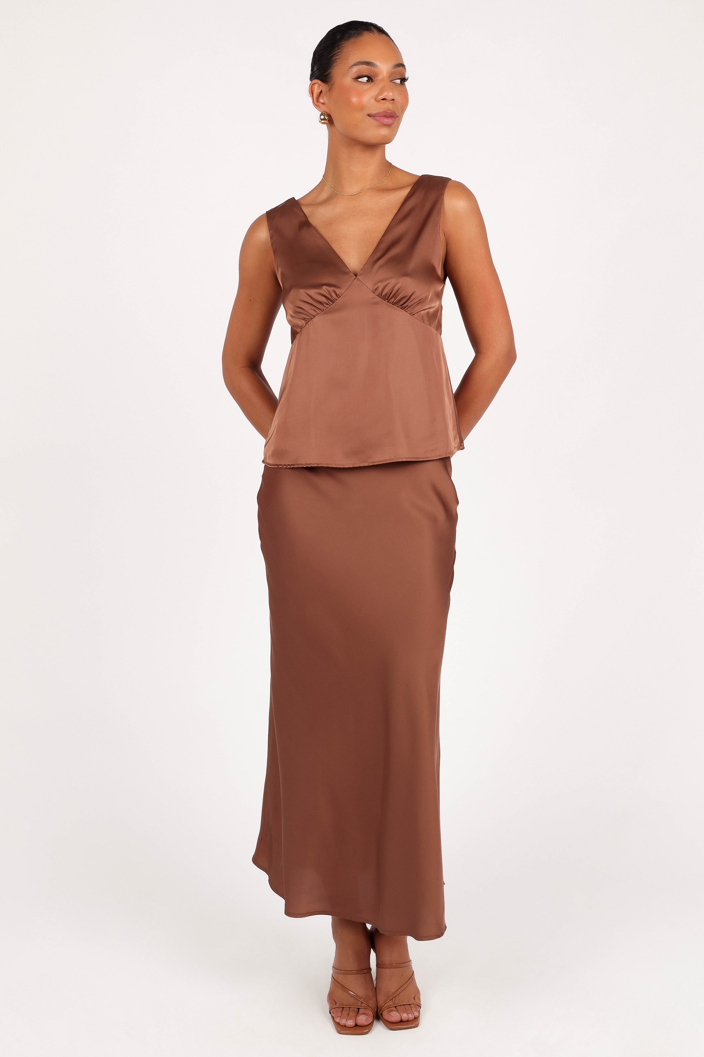 Nellie Satin Midi Skirt - High Waisted Banksia Brown