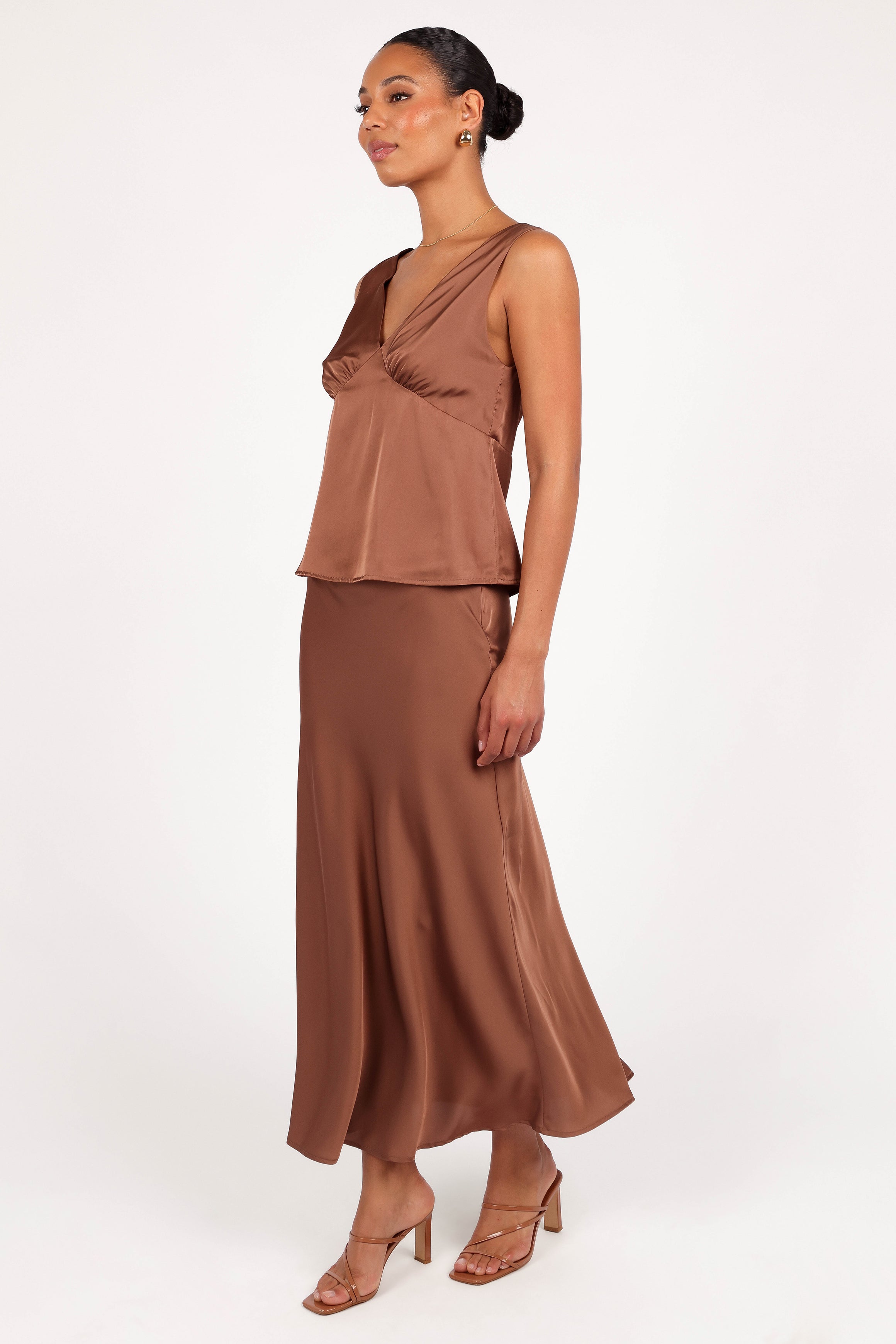 Nellie Satin Midi Skirt - High Waisted Banksia Brown