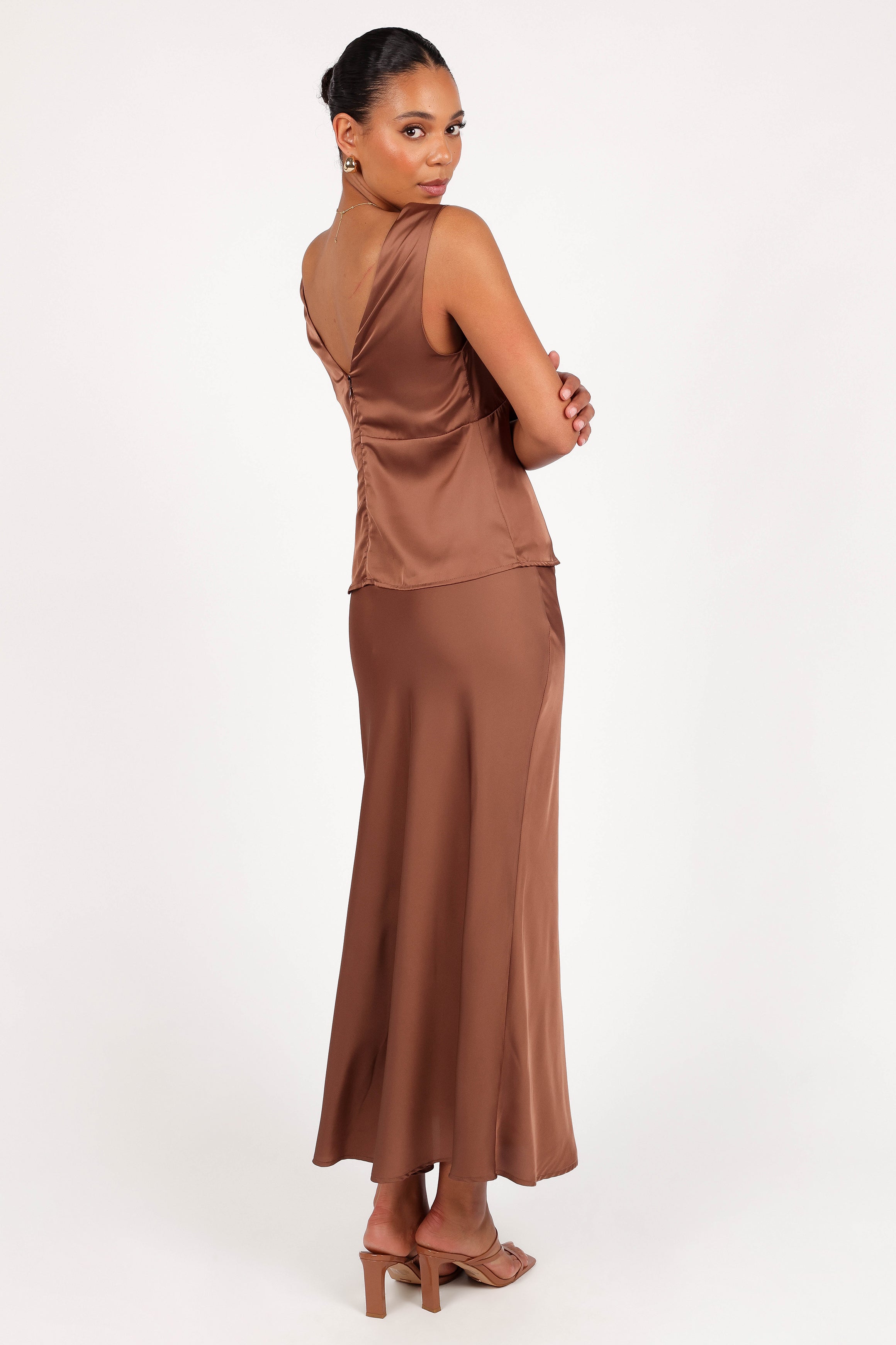 Nellie Satin Midi Skirt - High Waisted Banksia Brown