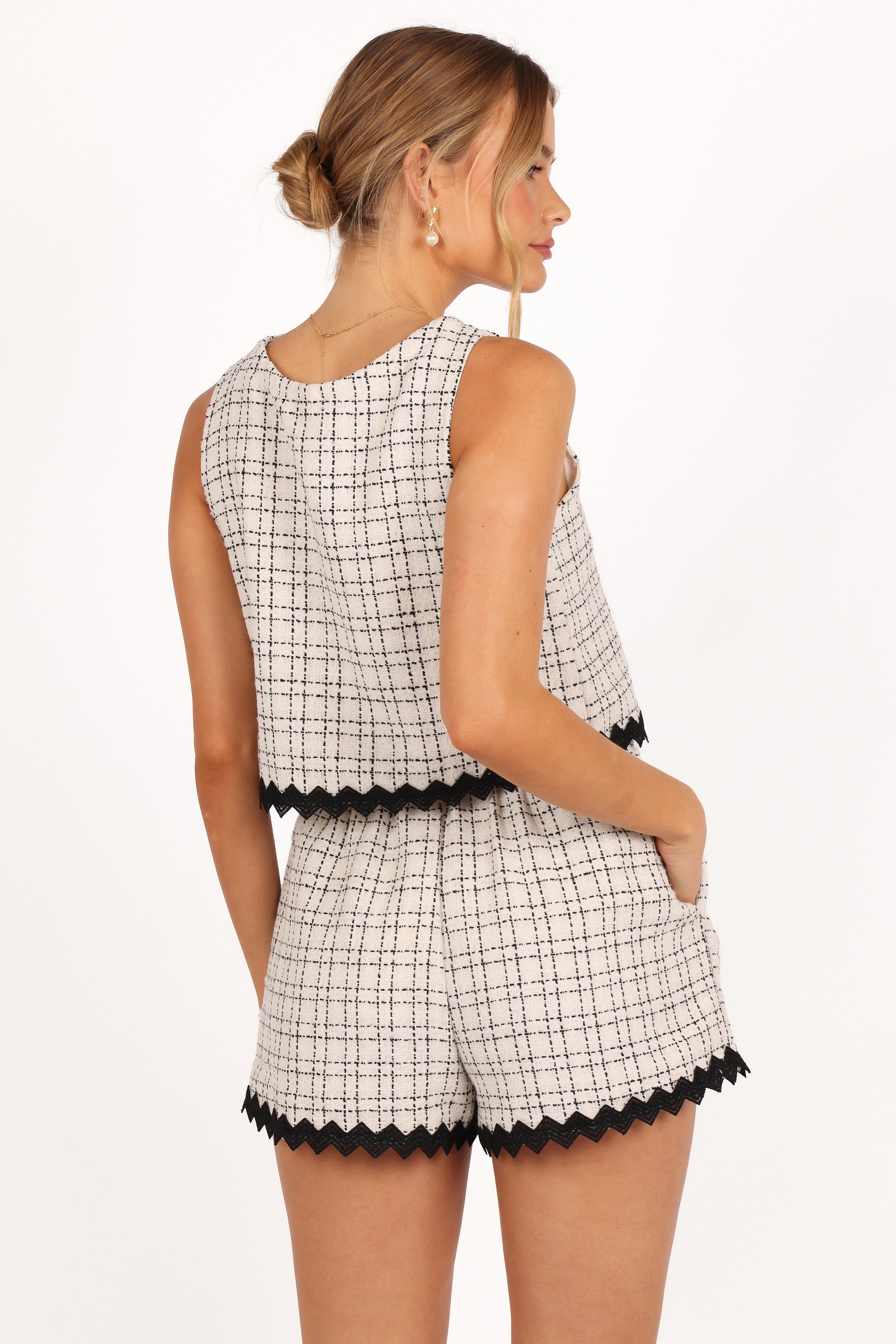 High Waisted Check Tweed Shorts with Pockets - Black & White