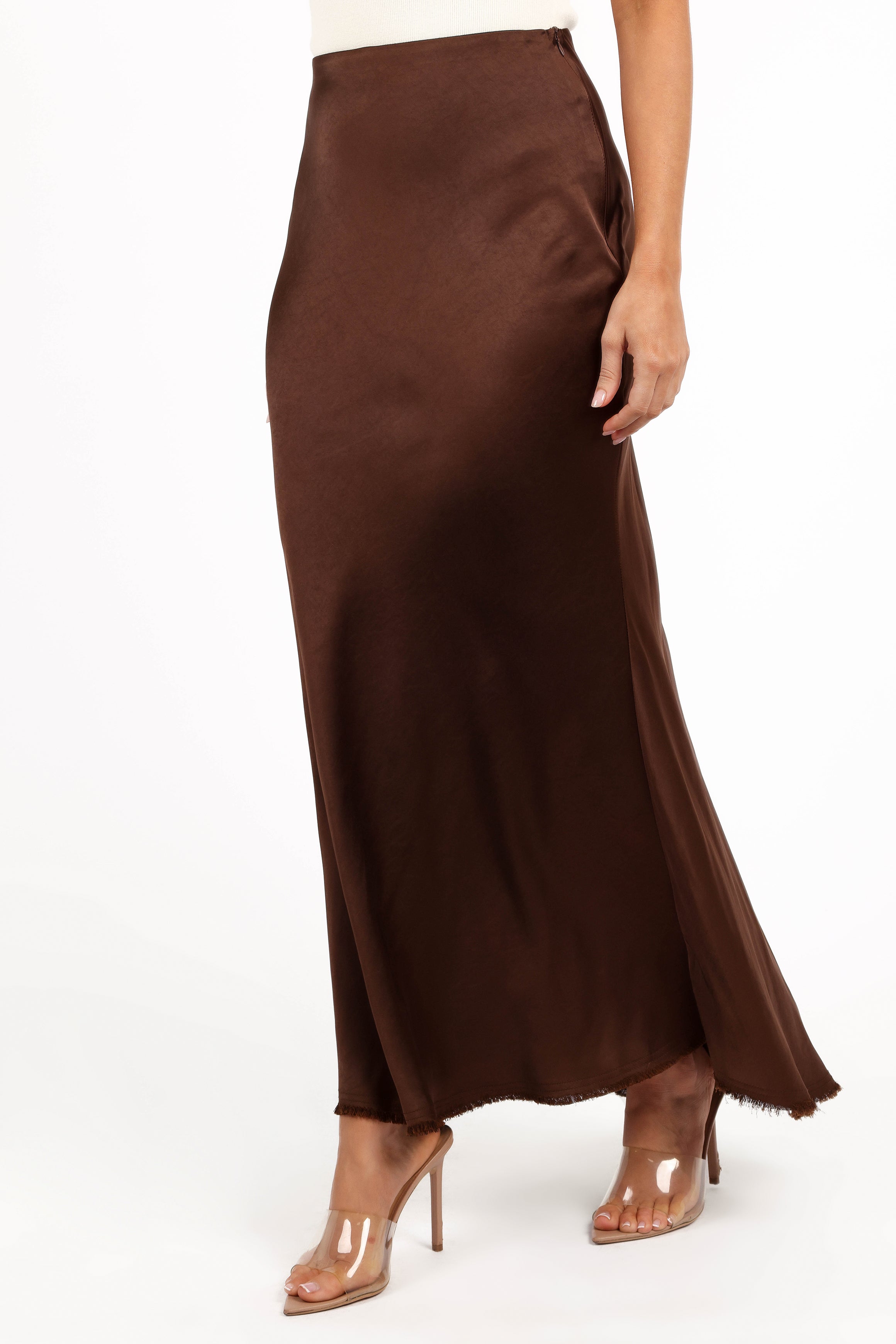 Kora Satin Midi Skirt - Brown with Elastic Waistband
