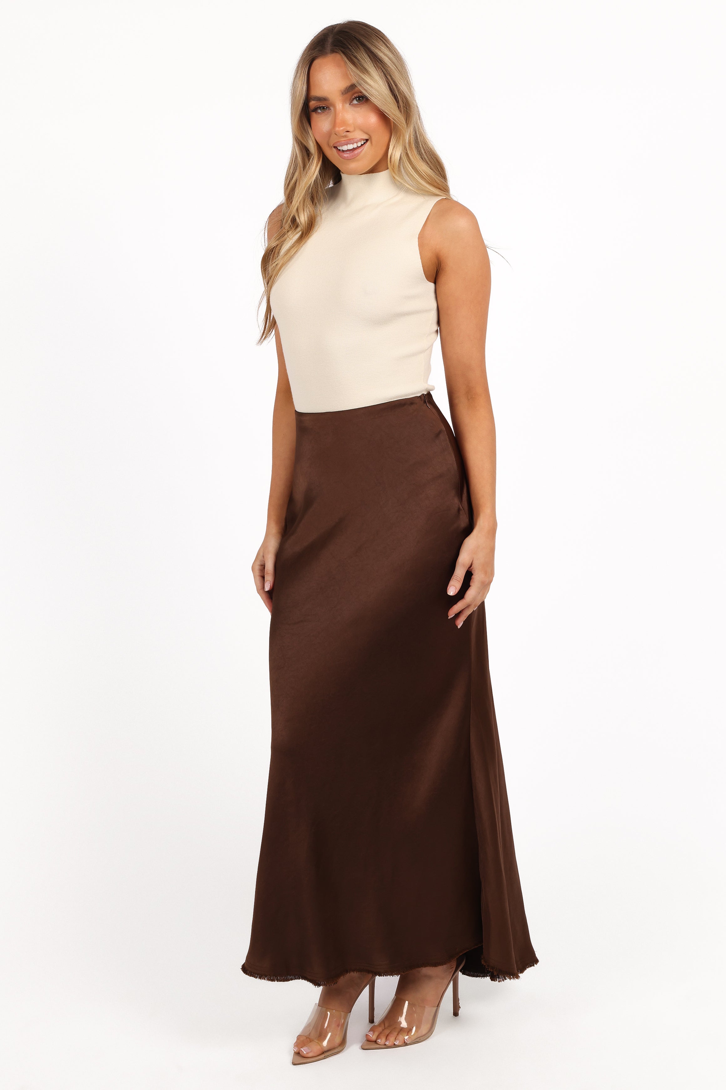 Kora Satin Midi Skirt - Brown with Elastic Waistband