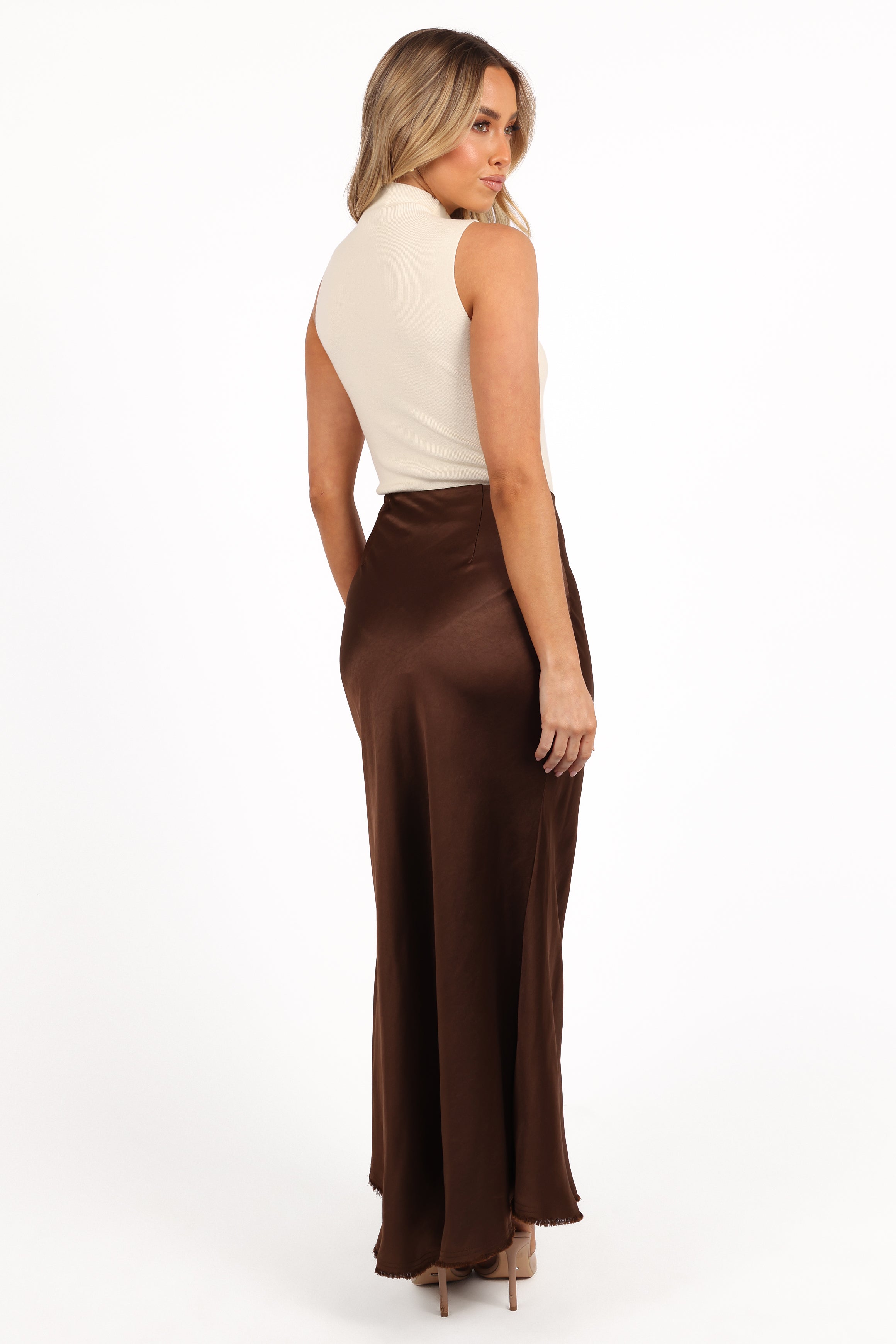 Kora Satin Midi Skirt - Brown with Elastic Waistband