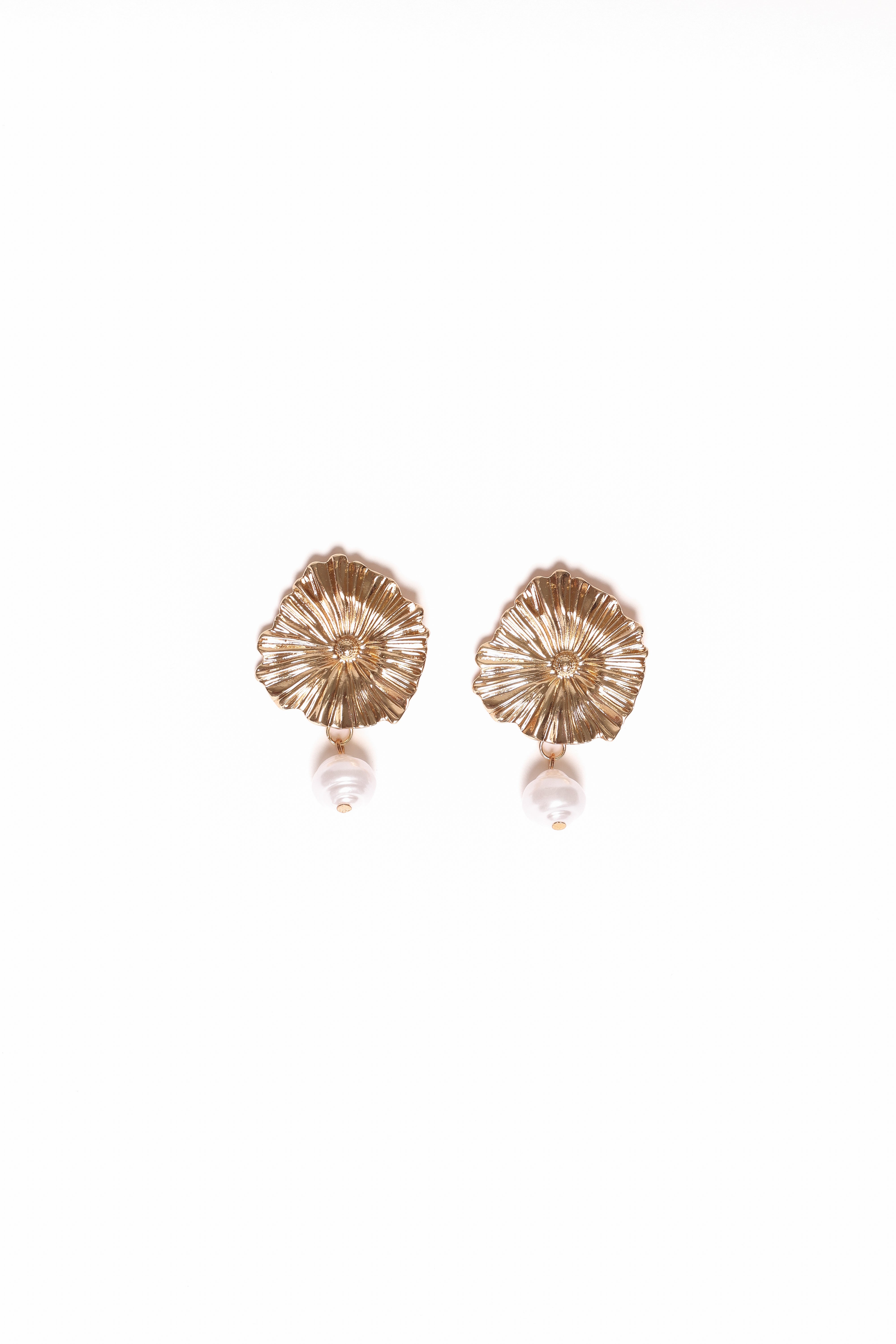 Gold Pearl Drop Hoop Earrings with Flower Design