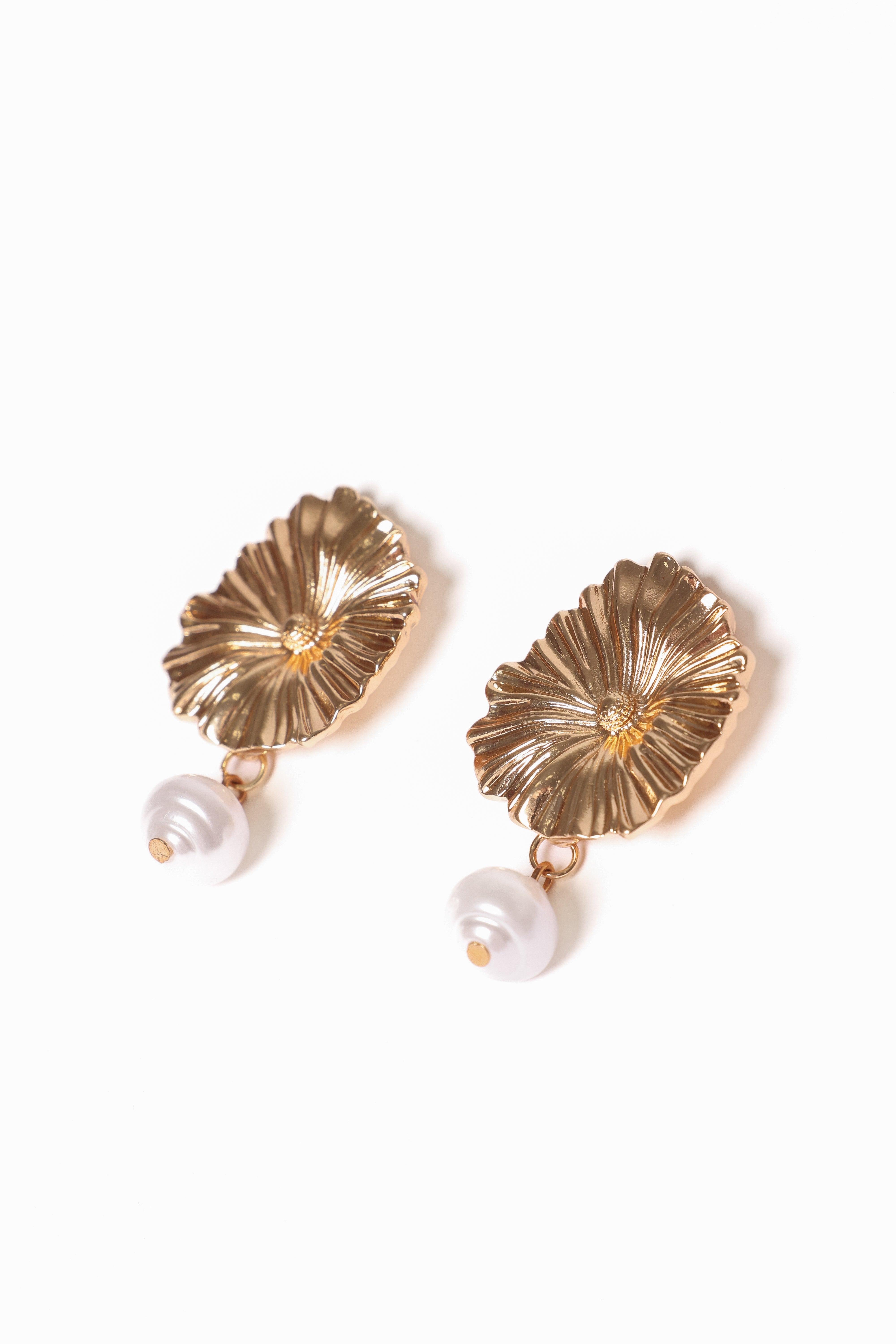 Gold Pearl Drop Hoop Earrings with Flower Design