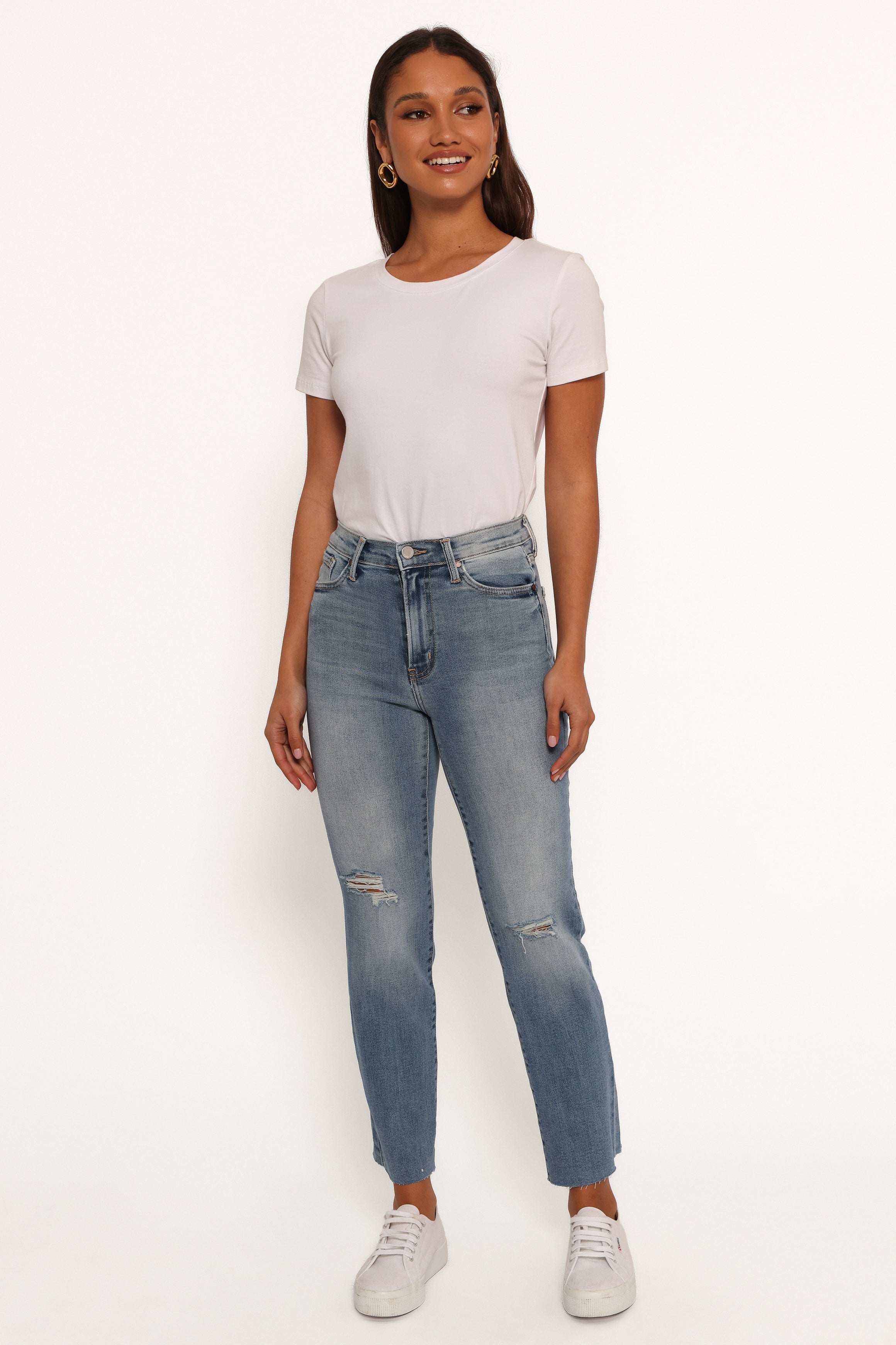 Distressed Light Denim Slim Leg Jeans - High Waisted